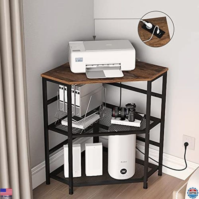Corner Printer Stand Table with Power Outlet, USB Port, Adjustable Storage Shelf