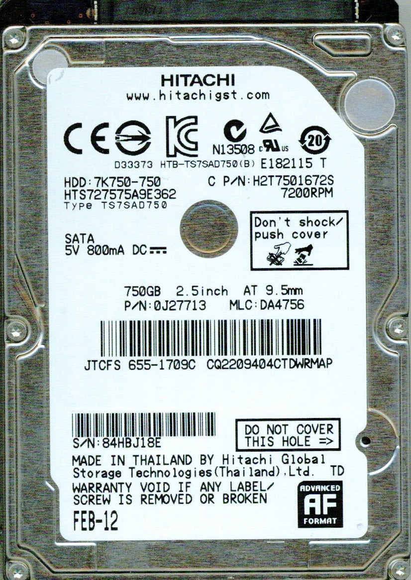 HTS727575A9E362,  0J27713,   DA4756,  HITACHI SATA 750GB
