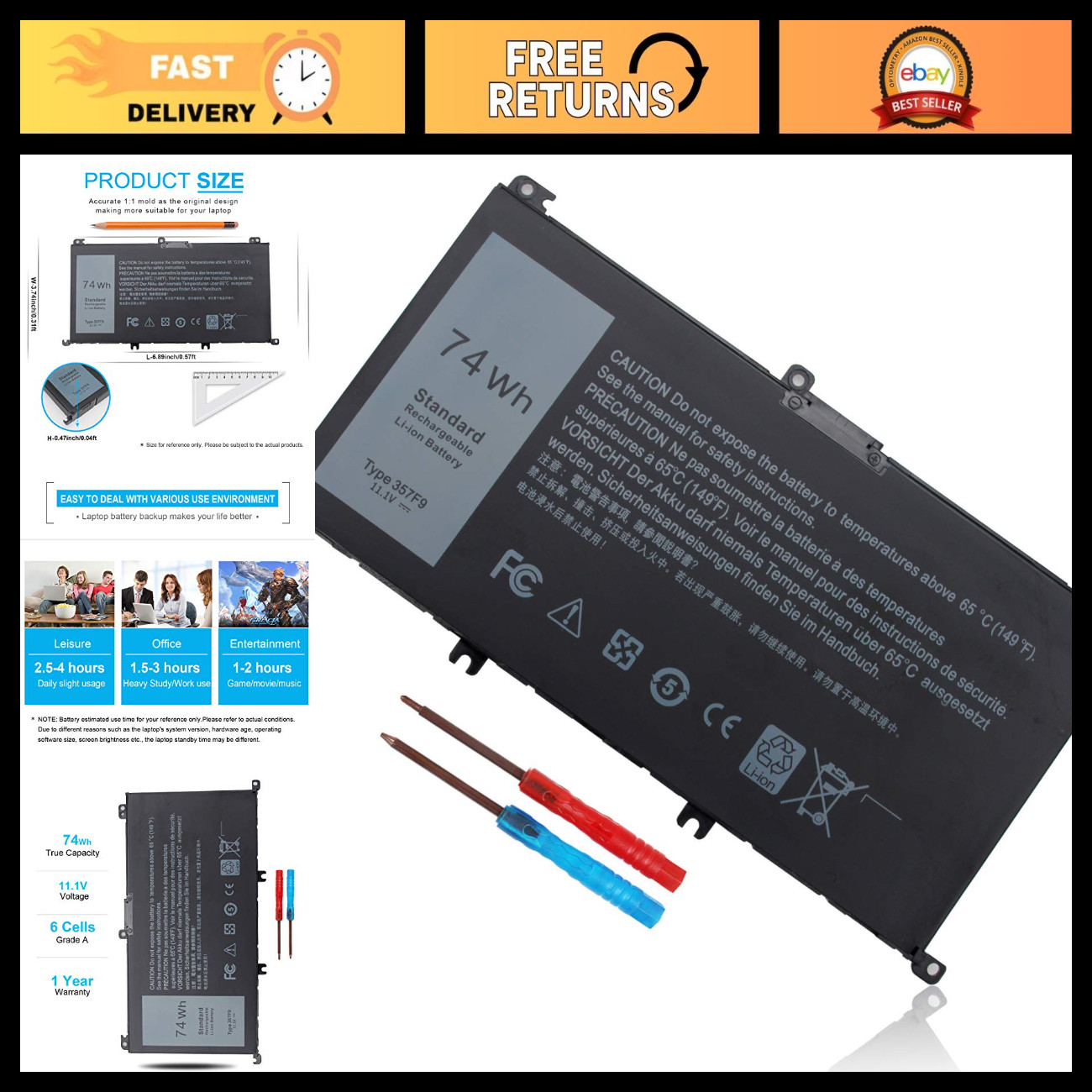 74Wh 6 Cell Laptop Battery for Dell Inspiron 15 7000 Series 11.1V 11.4V Replacem