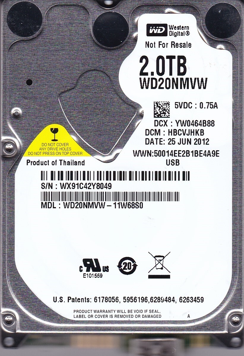 WD20NMVW-11W68S0 dcm: HBCVJHKB s/n: WX91C4 2TB Thailand JUN/ 2012 USB 3.0 A20-20
