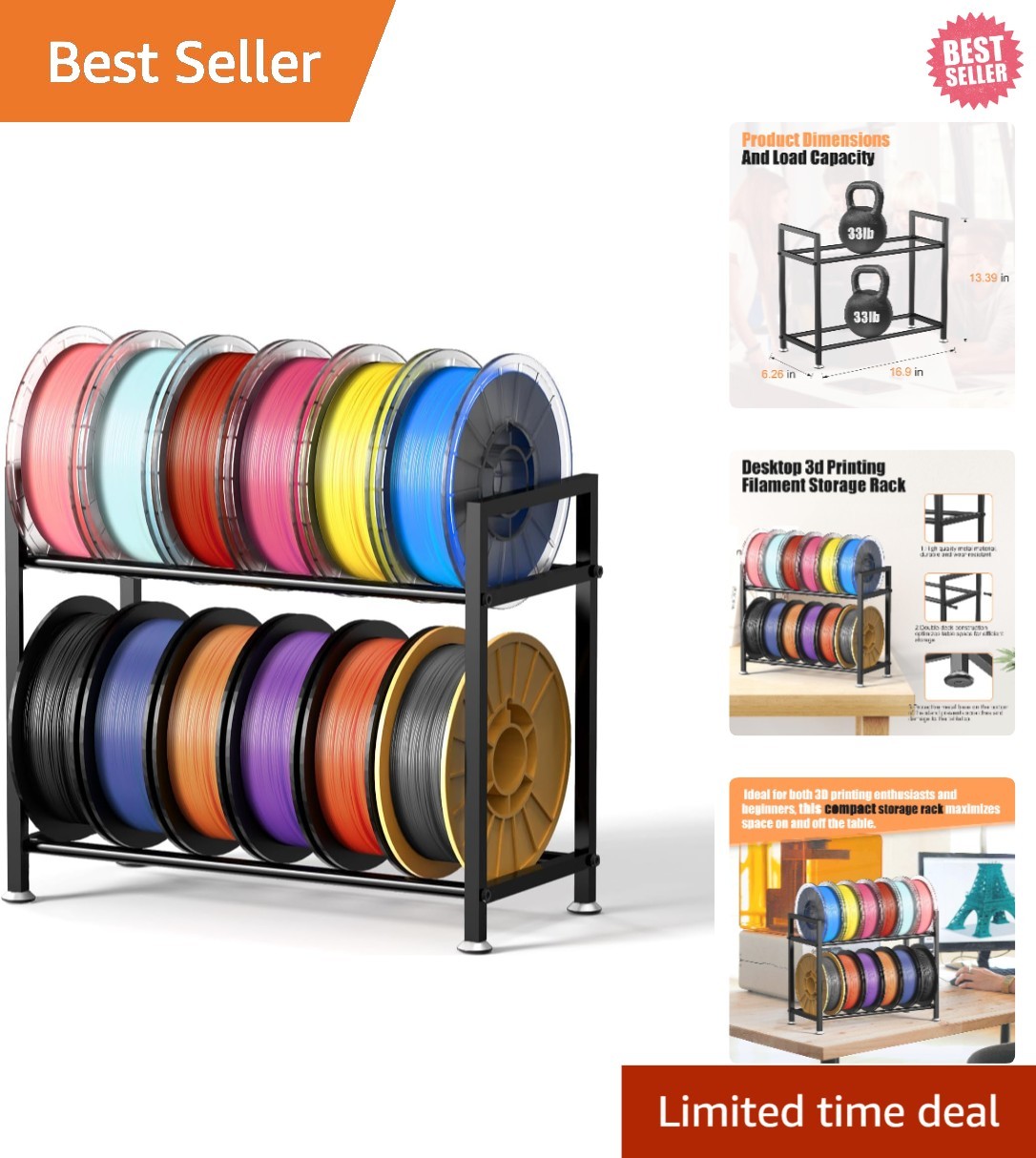 2 Tier Desktop Filament Holder - Compact and Adjustable 3D Printer Storage Rack