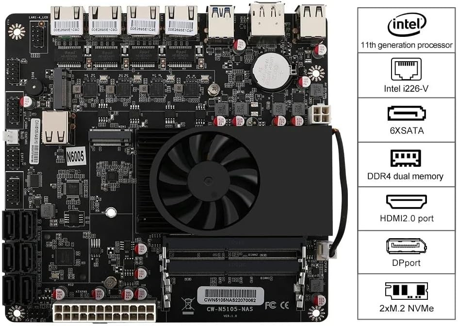 N5105 NAS Motherboards 4Cores 4Threads 4x2.5G i226 Network2 M.2 NVMe Slot 6xSATA