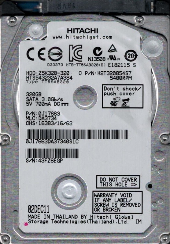 HTS543232A7A384 P/N: 0J17663 MLC: DA3734 Hitachi 320GB