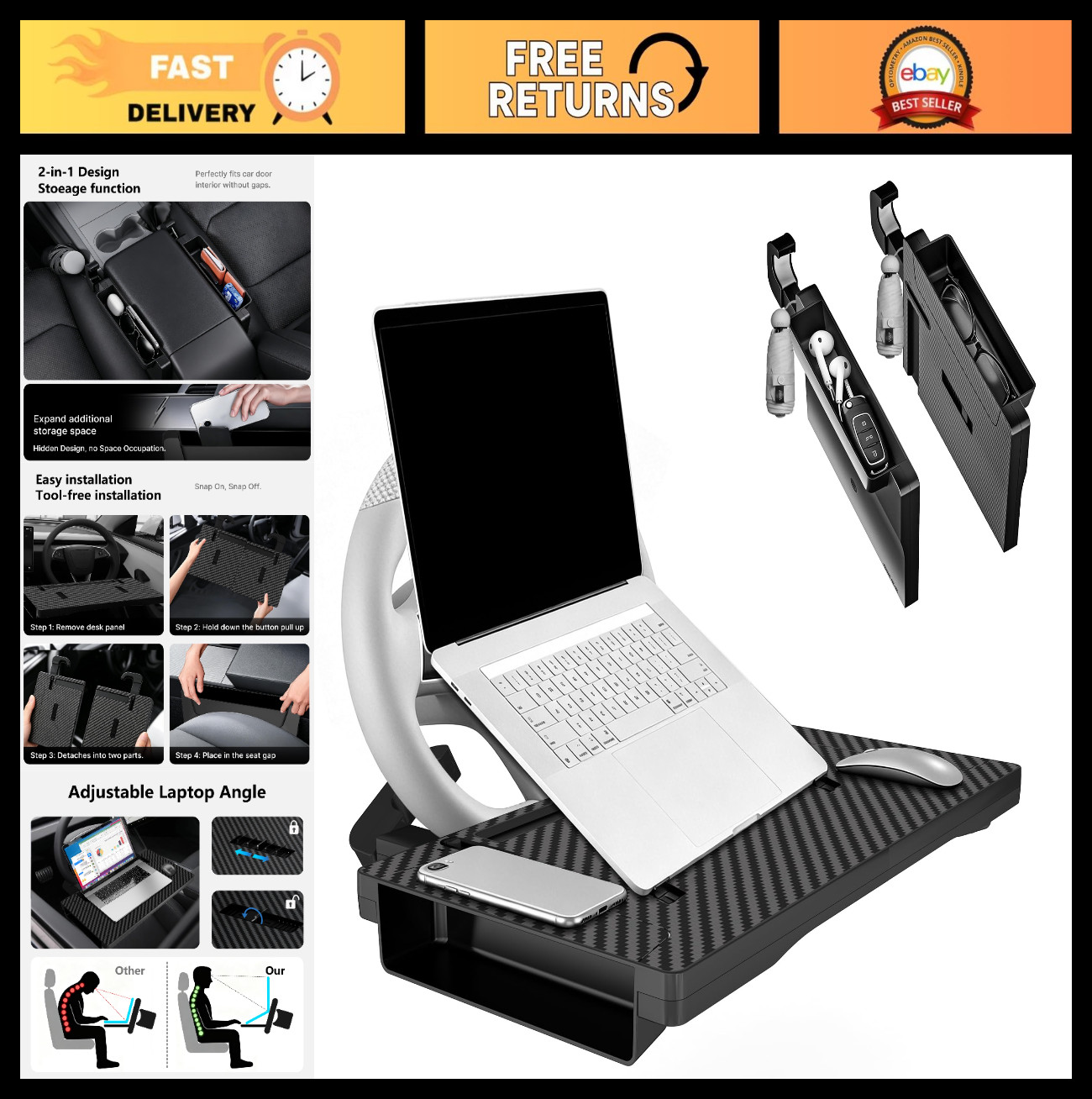 2-in-1 Car Steering Wheel Desk Tray & Seat Gap Organizer - Multi-Function Storag