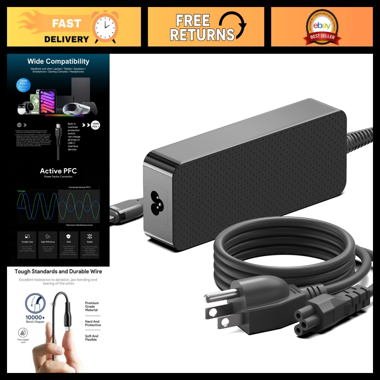 28V 5A 140W USB C PD3.1 GaN Charger for Laptops, Gaming PCs, & Docking Stations
