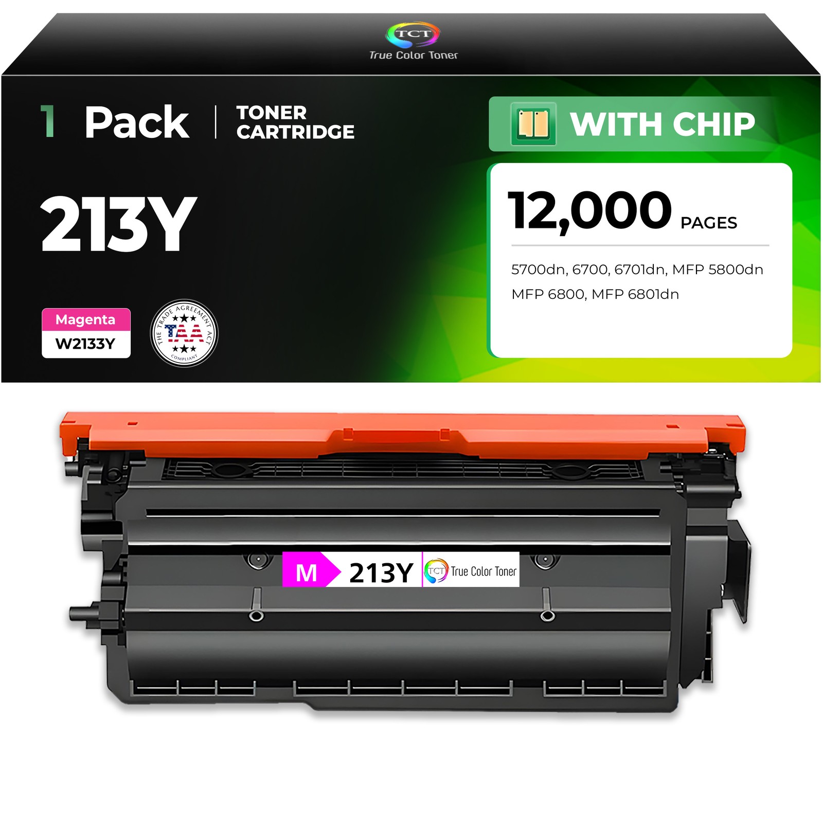 TCT W2133Y TAA Compliant Magenta Toner Cartridge for HP 213Y -5700dn 6700 6701dn