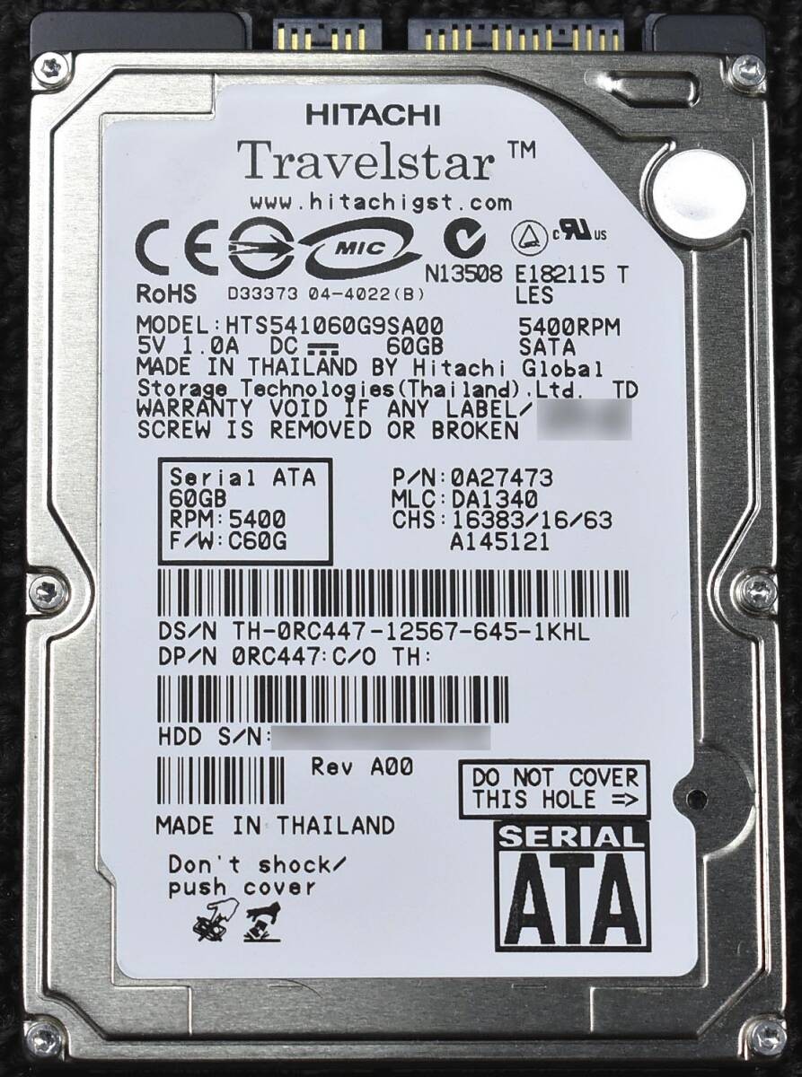 HITACHI HTS541060G9SA00 [60GB 2.5-inch 9.5mm SATA HDD 2006 model Usage 14565H (C