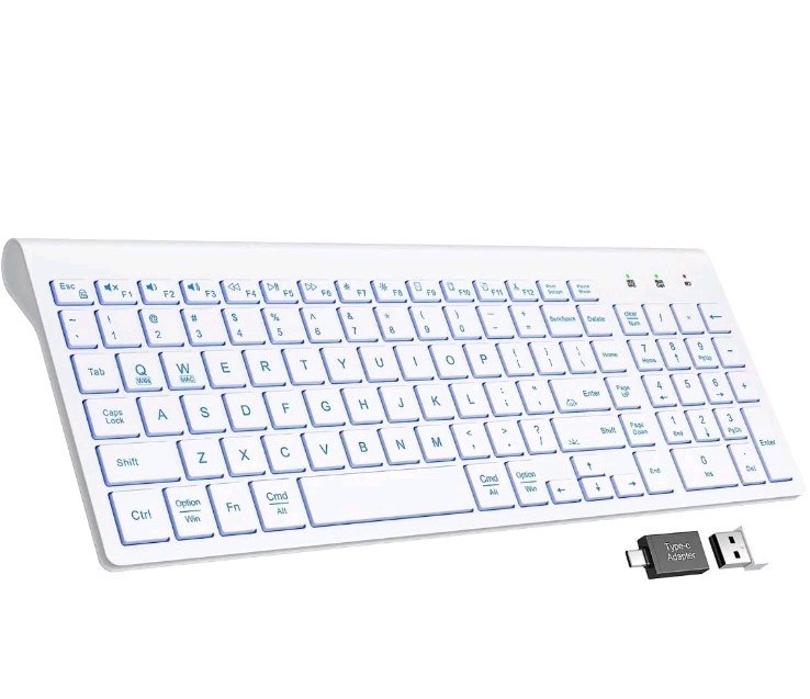 Wireless Silent Compact Keyboard 7 Color Backlit Low Profile Keys White