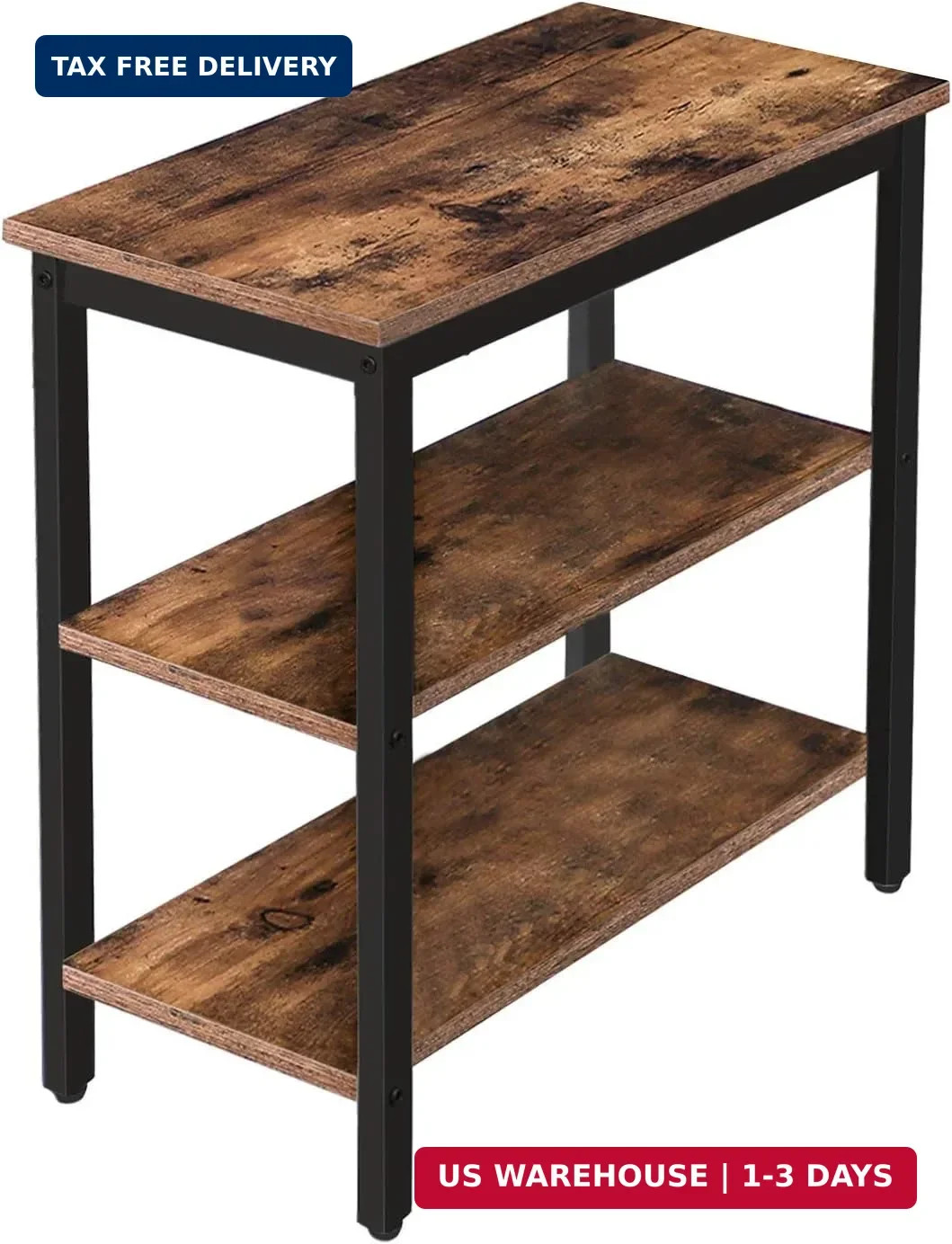 3 Tier End Table Narrow Side Table Nightstand Storage Rustic Brown Black
