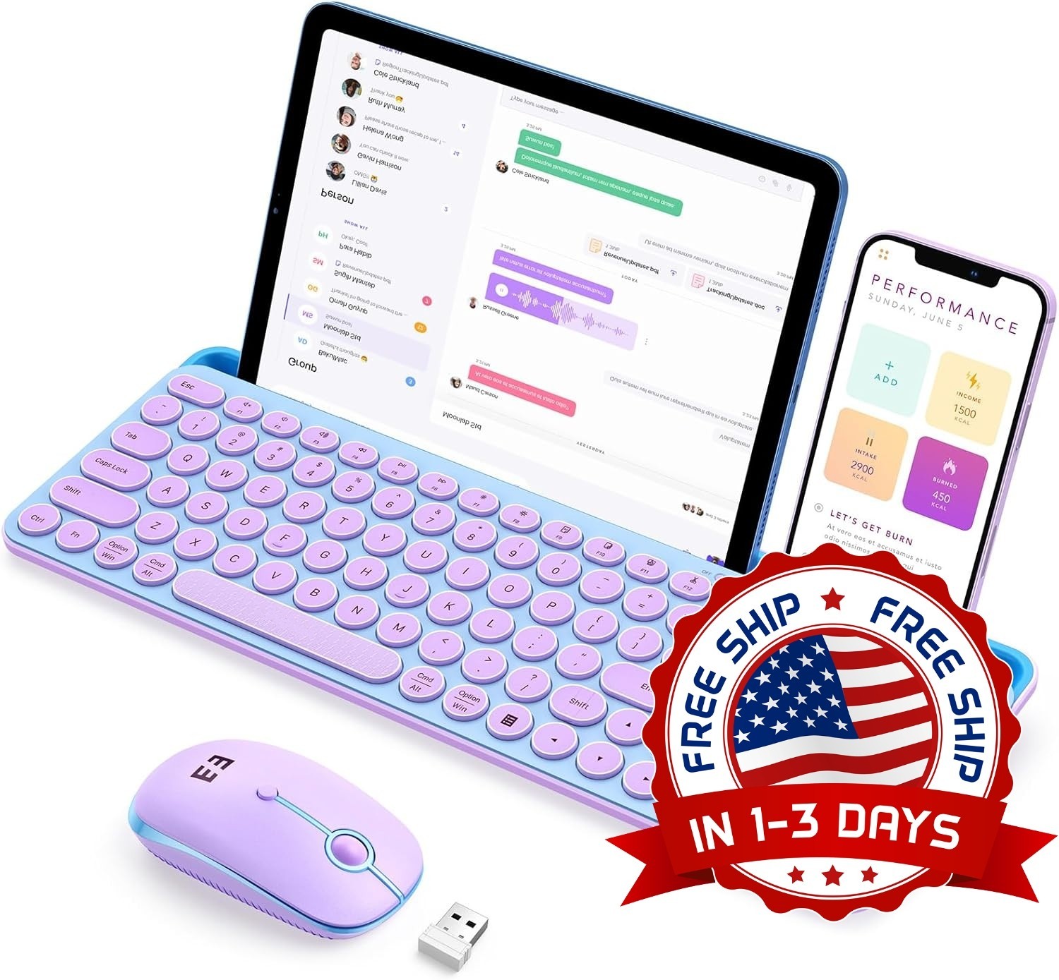 Combo De Teclado Y Ratón Inalámbricos, Azul Y Morado, Con Soporte Para Tableta.