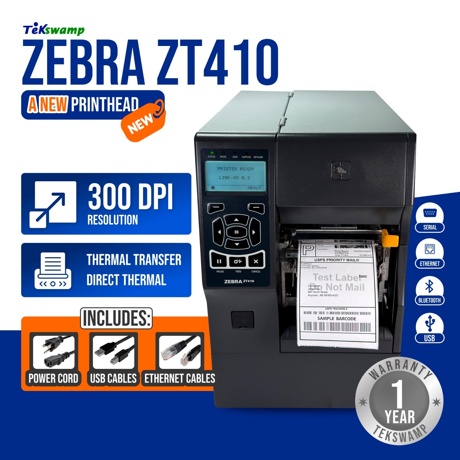 NEW PRINTHEAD Zebra ZT410 Thermal Label Printer 300 dpi Peel Rewind 1YR WARRANTY