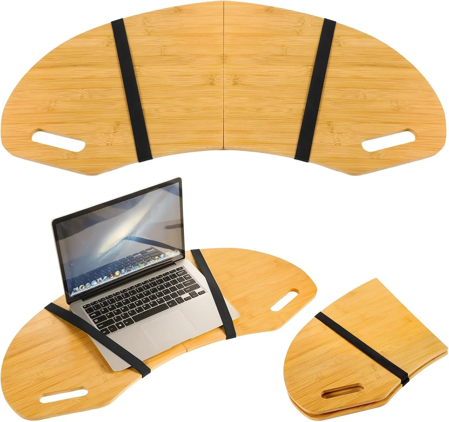 30.5" Wood Curved Lap Desk Table Tray with Handles Wooden Foldable Desk Wood Cur