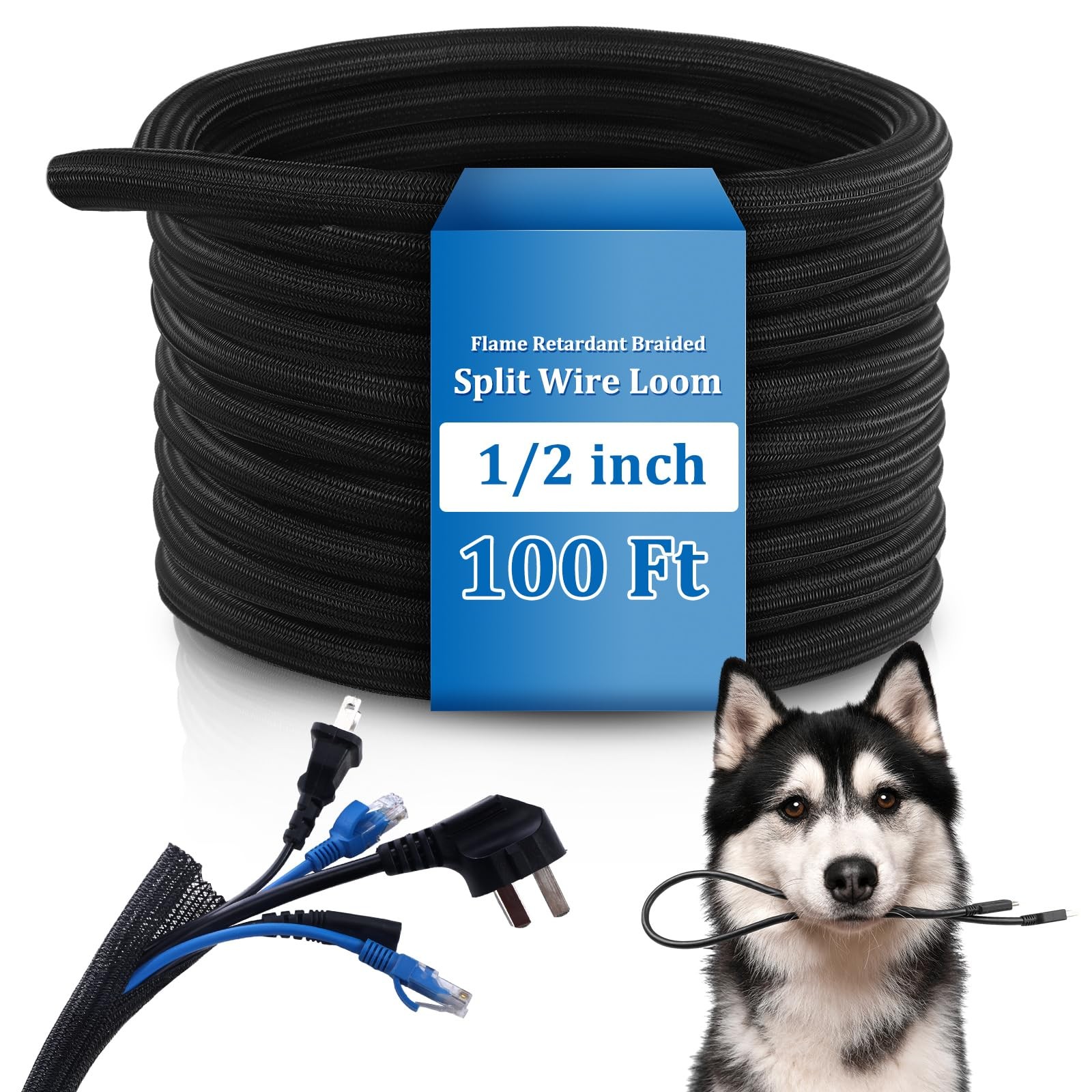 100 ft Split Wire Loom Tubing Cable Sleeve Cord Protector, 1/2 Inch