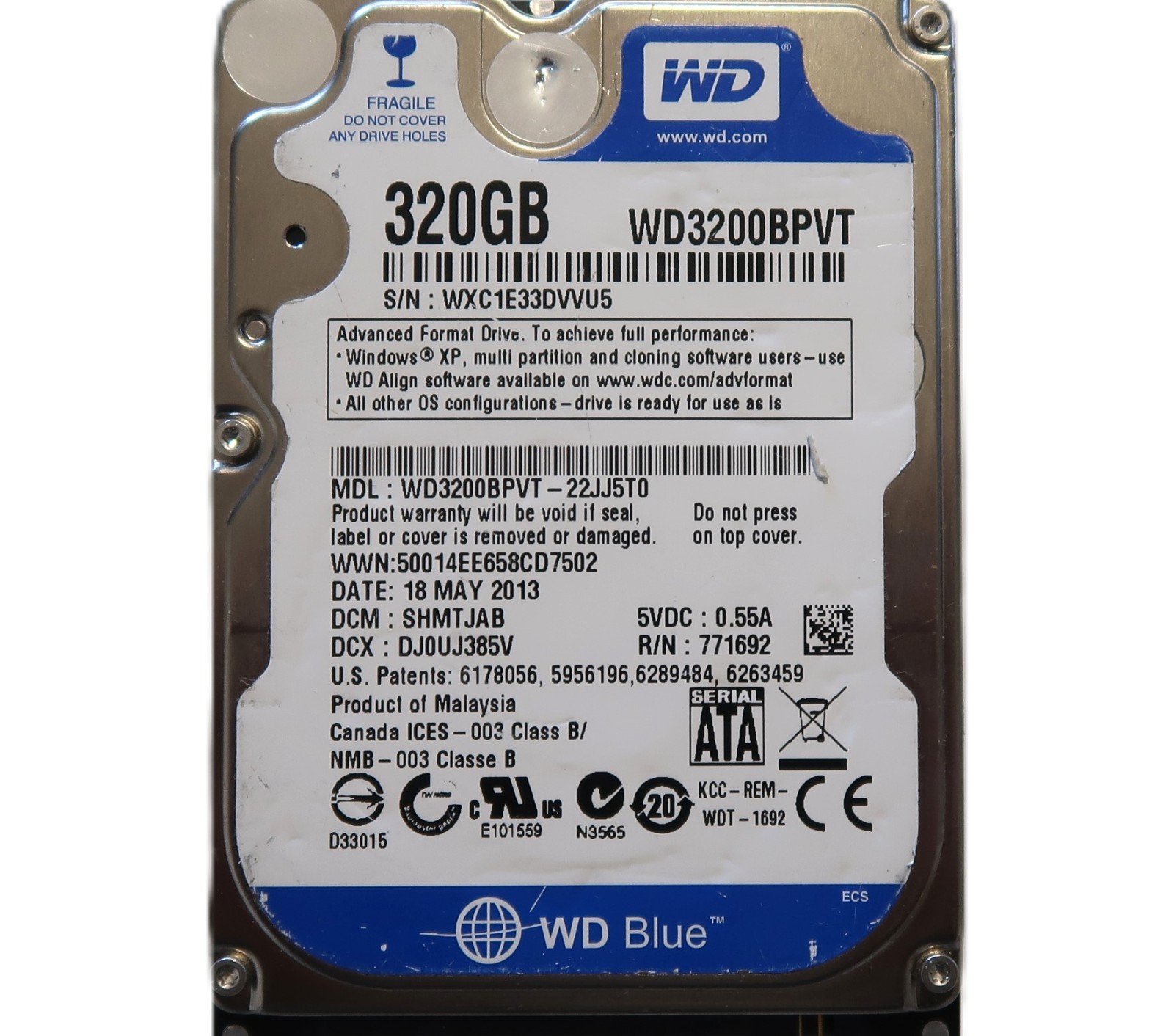 WD WD3200BPVT-22JJ5T0 DCM: SHMTJAB (WXC1) Malaysia 2.5" 320gb Sata HDD MAY/2013