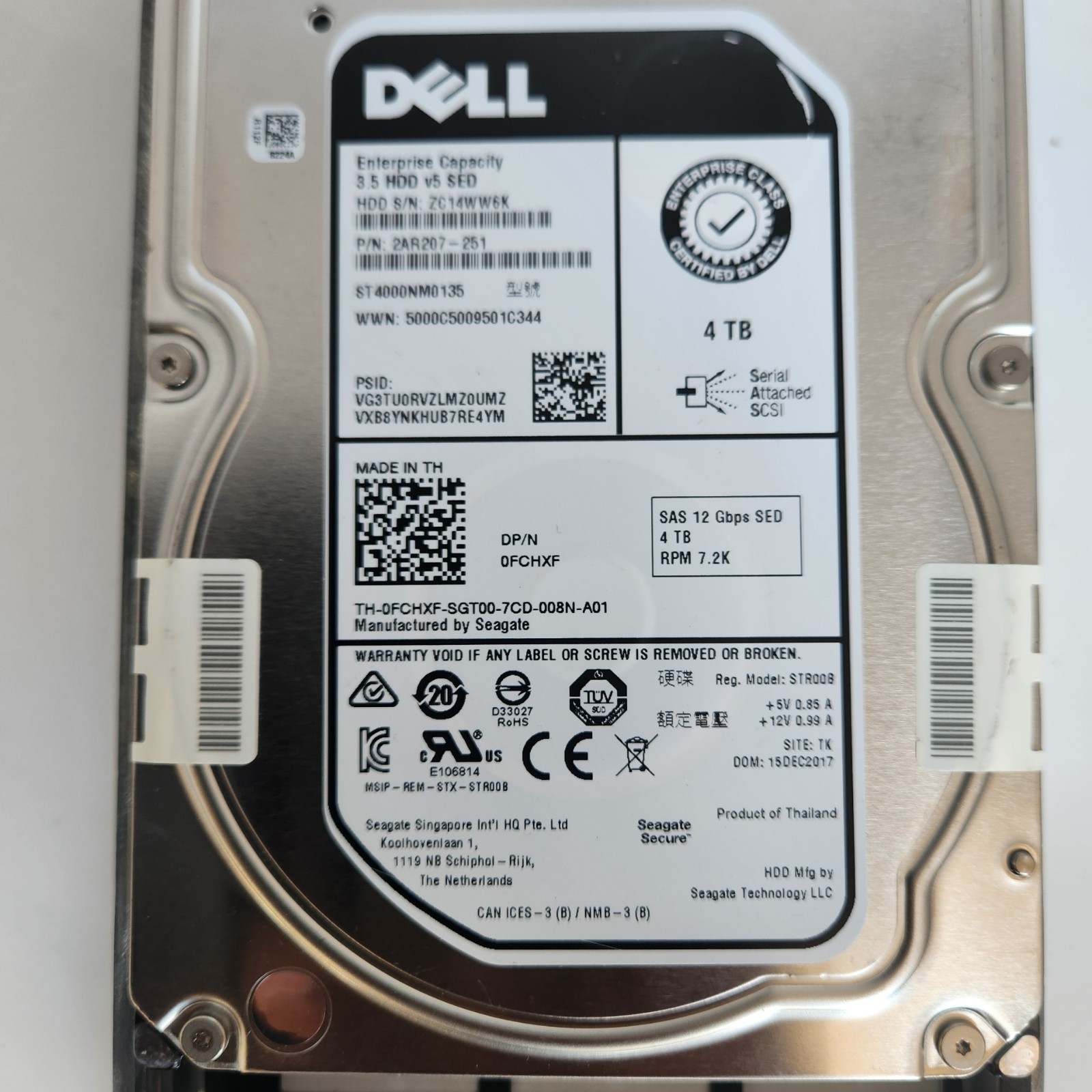 FCHXF Dell 4TB 7.2k SAS 3.5" 12G V5 SED HDD - ST4000NM0135 0FCHXF 2AR207-251