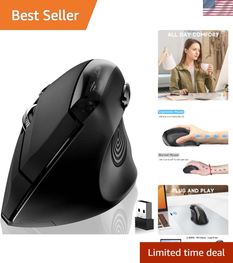 Optical Wireless Vertical Mouse with 1600 DPI - Sleek Design for PCs & Laptops
