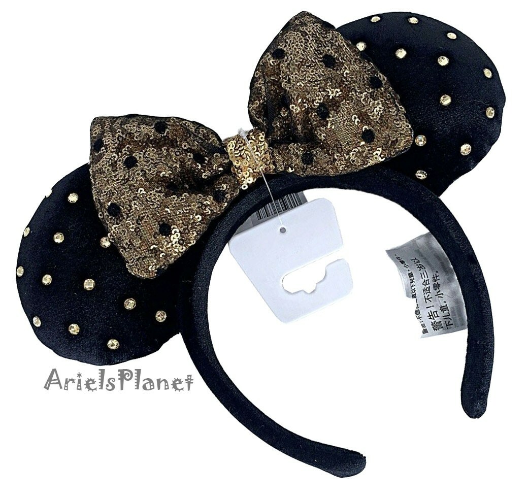 Disney Parks Black Jeweled Studded Gold Minnie Mouse Plush Ear Headband
