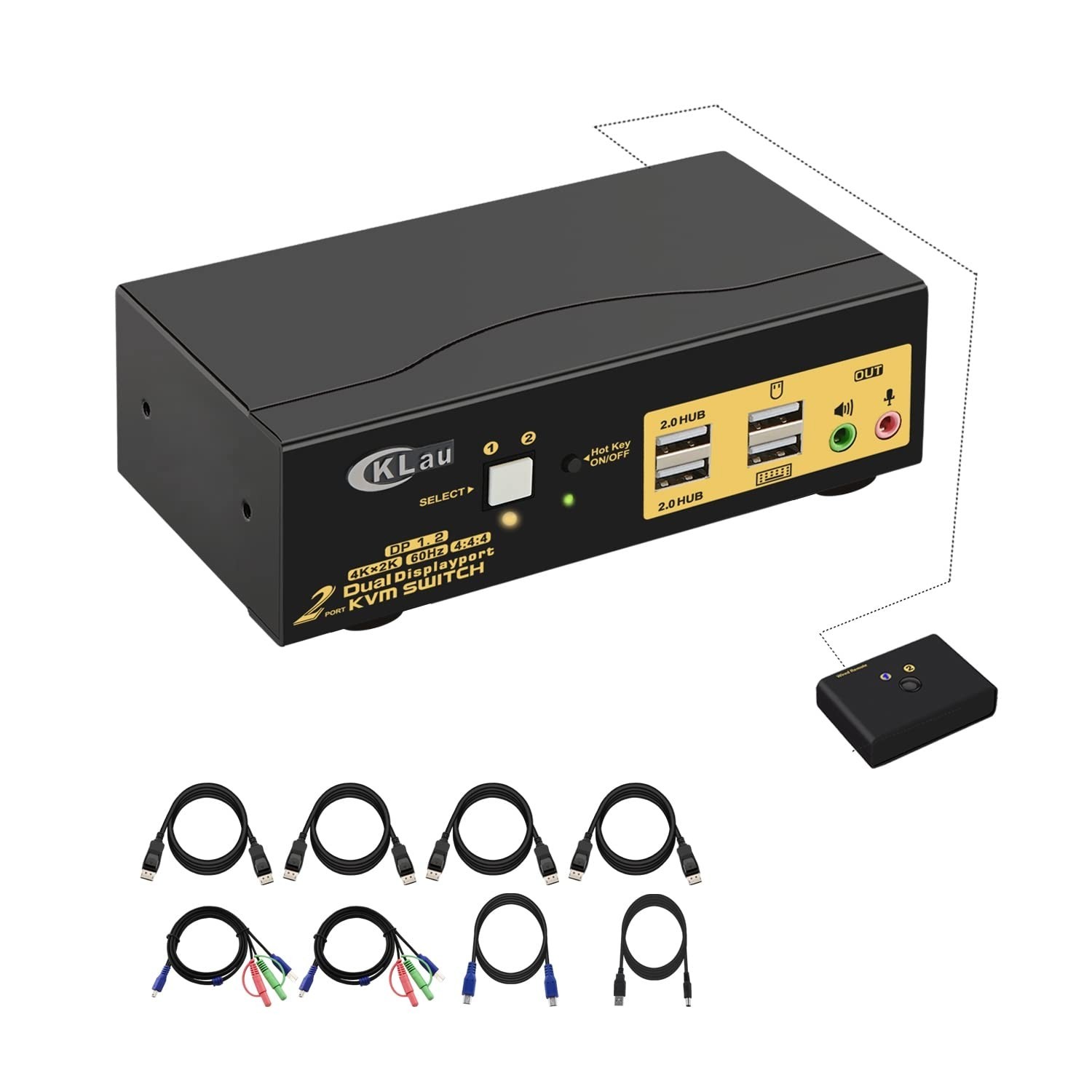CKLau 4K@60Hz 2 Port Dual Monitor KVM Switch Displayport with Audio, USB 2.0 Hub
