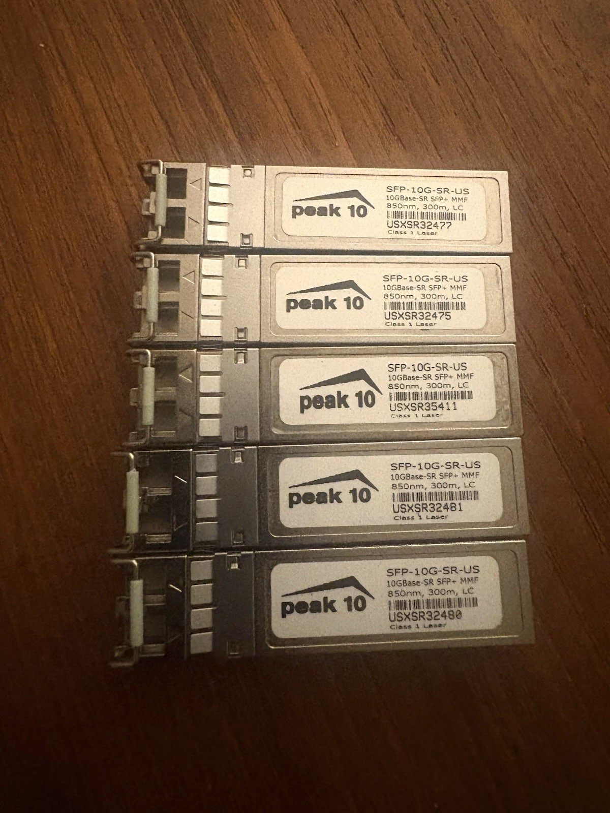 Lot of 5 Peak 10 SFP-10G-SR-US 10GBASE-SR SFP+ 850nm 300m MMF Transceivers