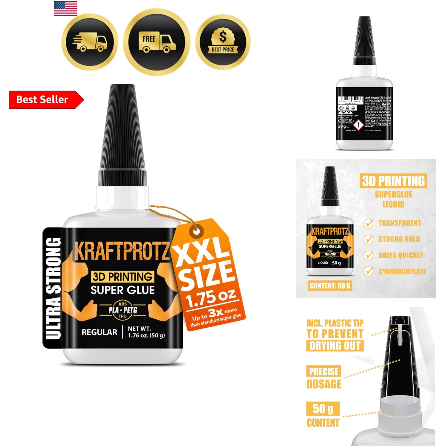 3D Printer Super Glue Thin for PLA, ABS, PETG, TPU & Nylon – 1.76 oz XXL – Ca...