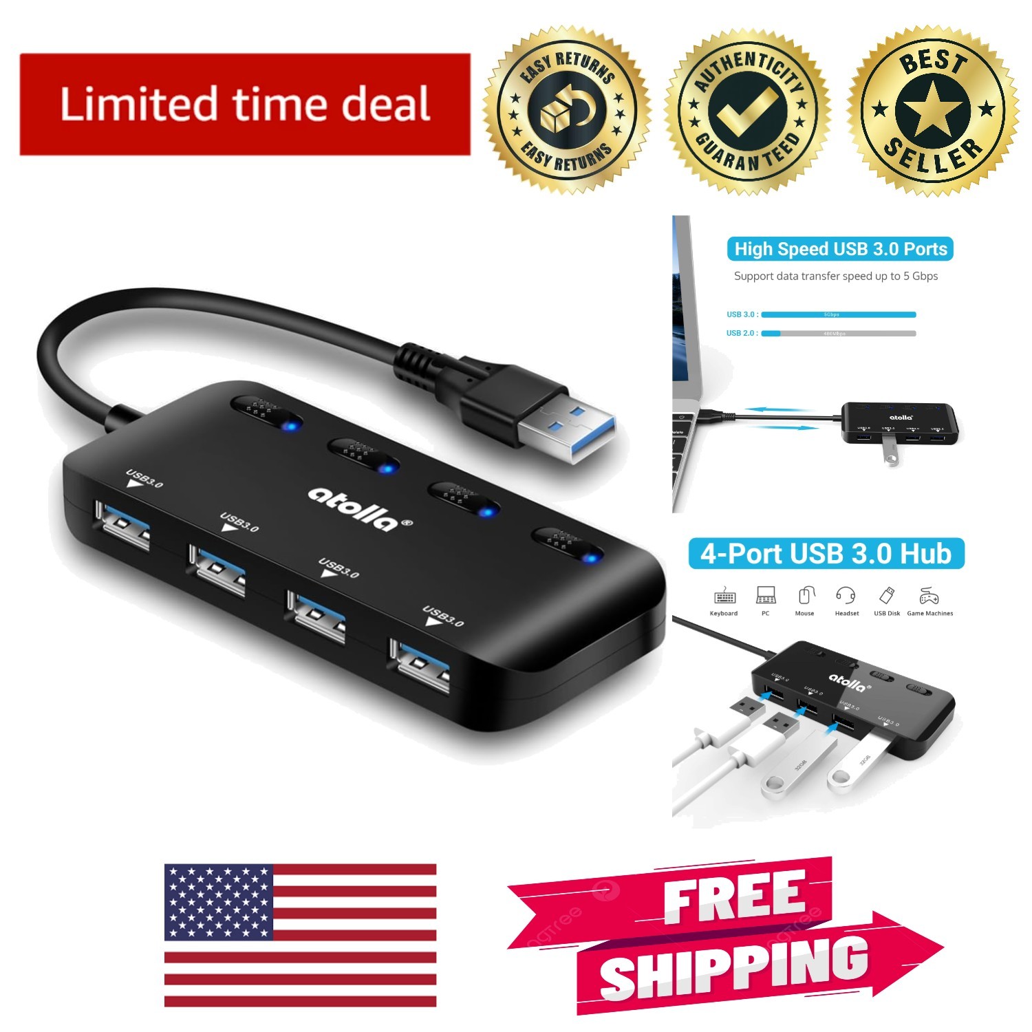 Lightweight USB 3.0 Hub - 4 Ports with On/Off Switches & Travel-Friendly Design