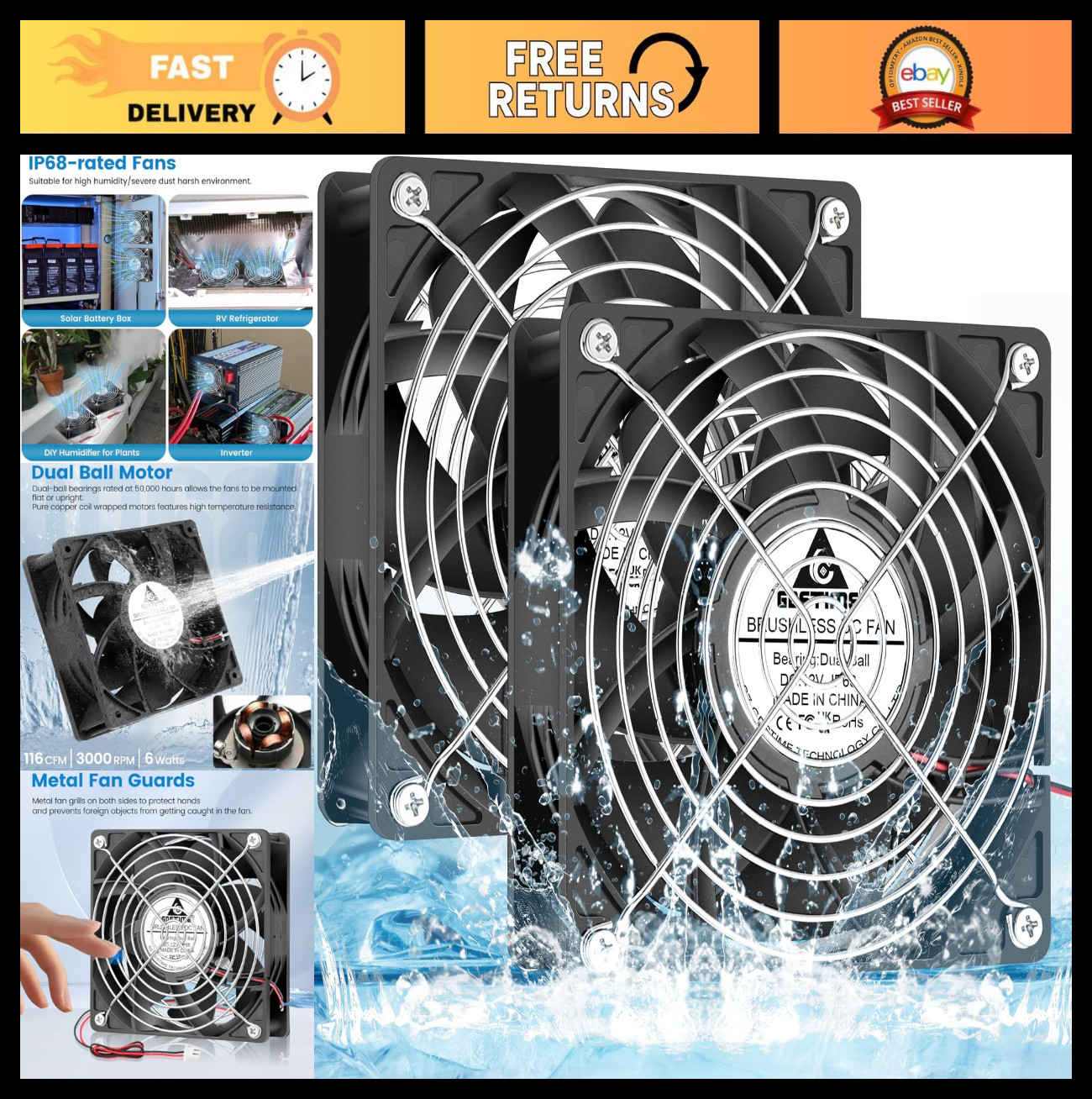 High-Speed 120mm Waterproof Cooling Fan 12V DC IP68 Dual Ball Bearing 2-Pin