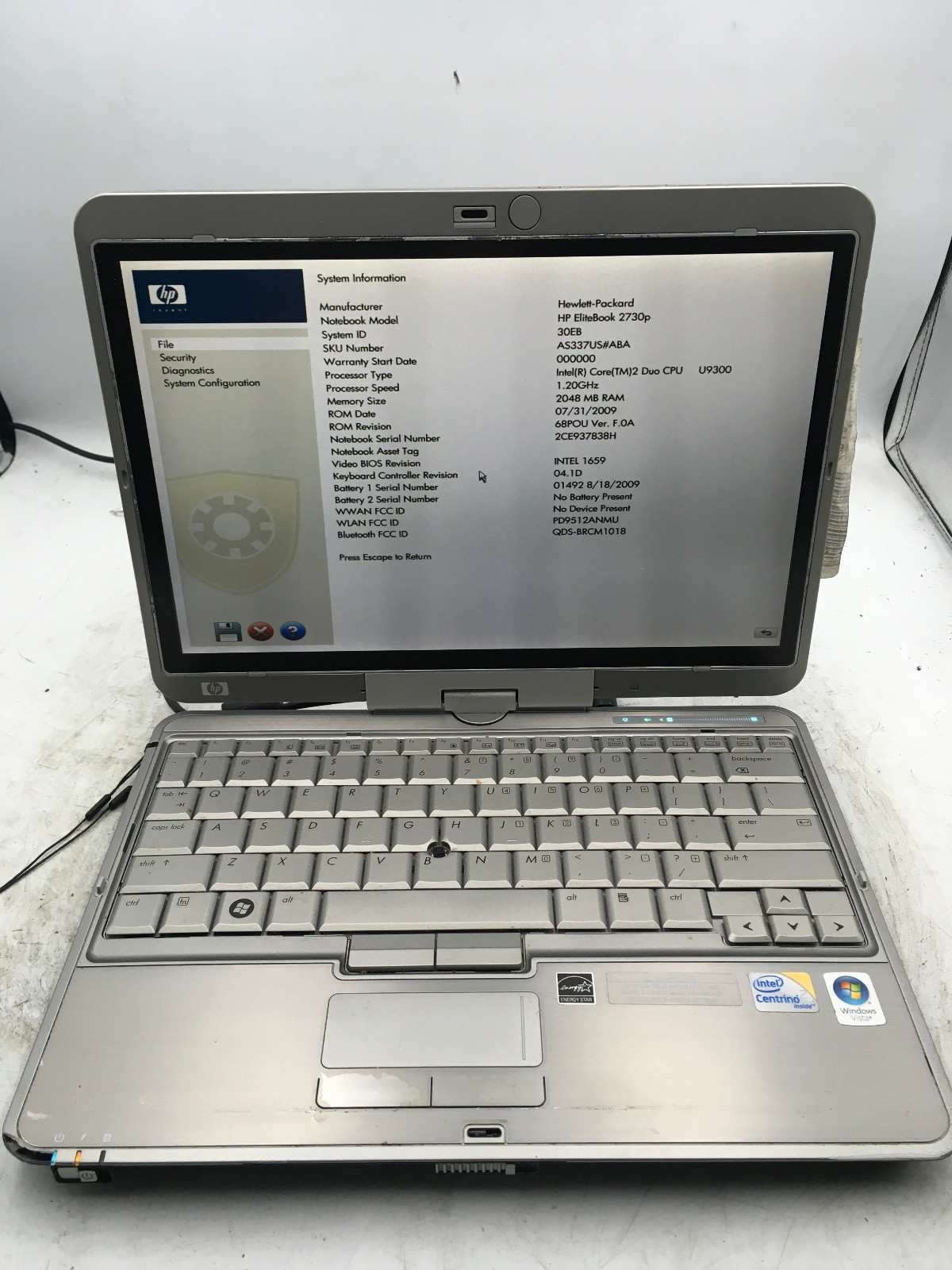HP ELITEBOOK 2730P - BOOTS TO BIOS - INTEL 2 DUO L9400 - 2GB RAM - READ DESC -BB