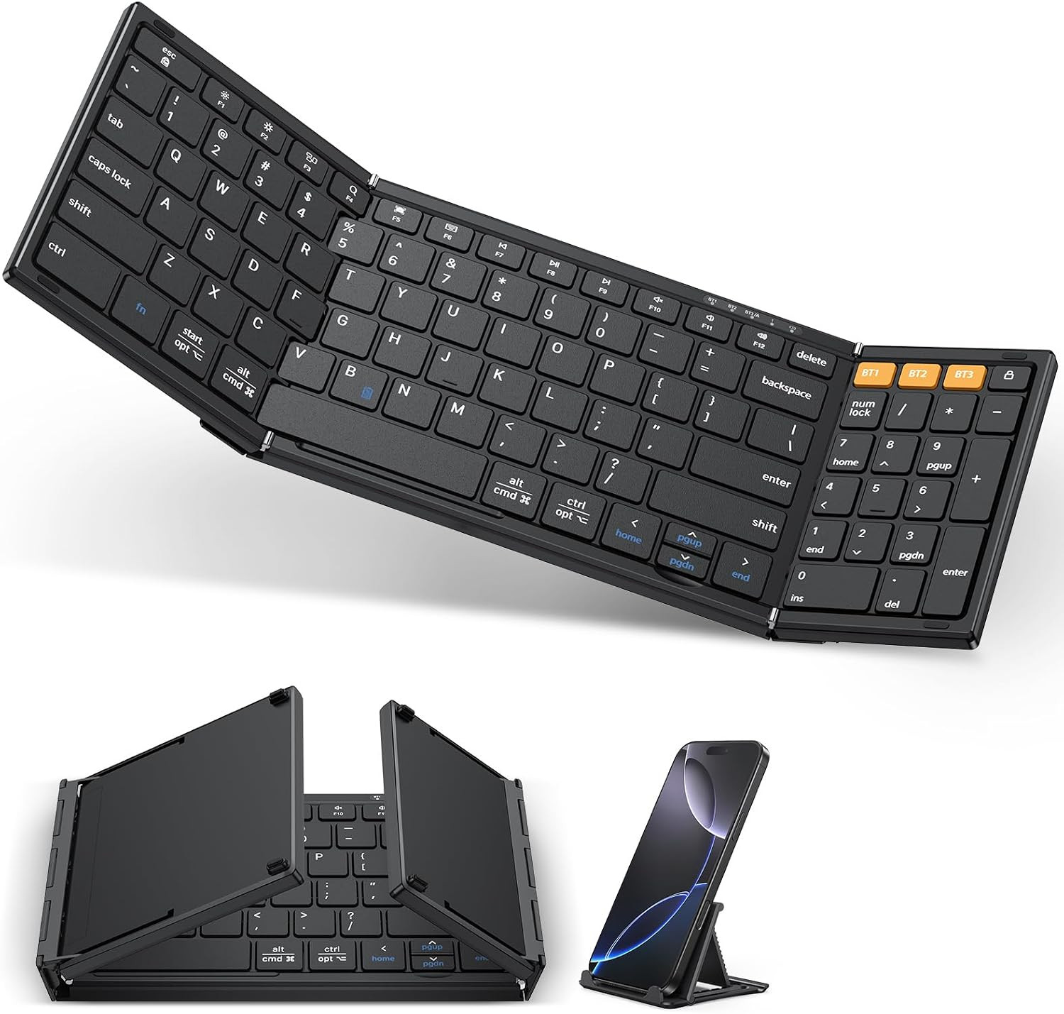 Foldable Keyboard for Travel, Full Size with Number Pad, Black