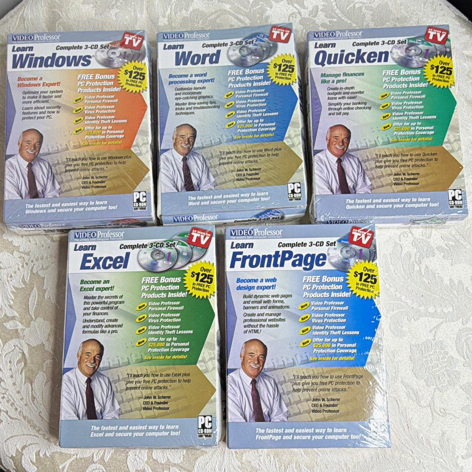 Lot of 5￼Video Professor training Windows Word Excel Quicken FrontPage (English)