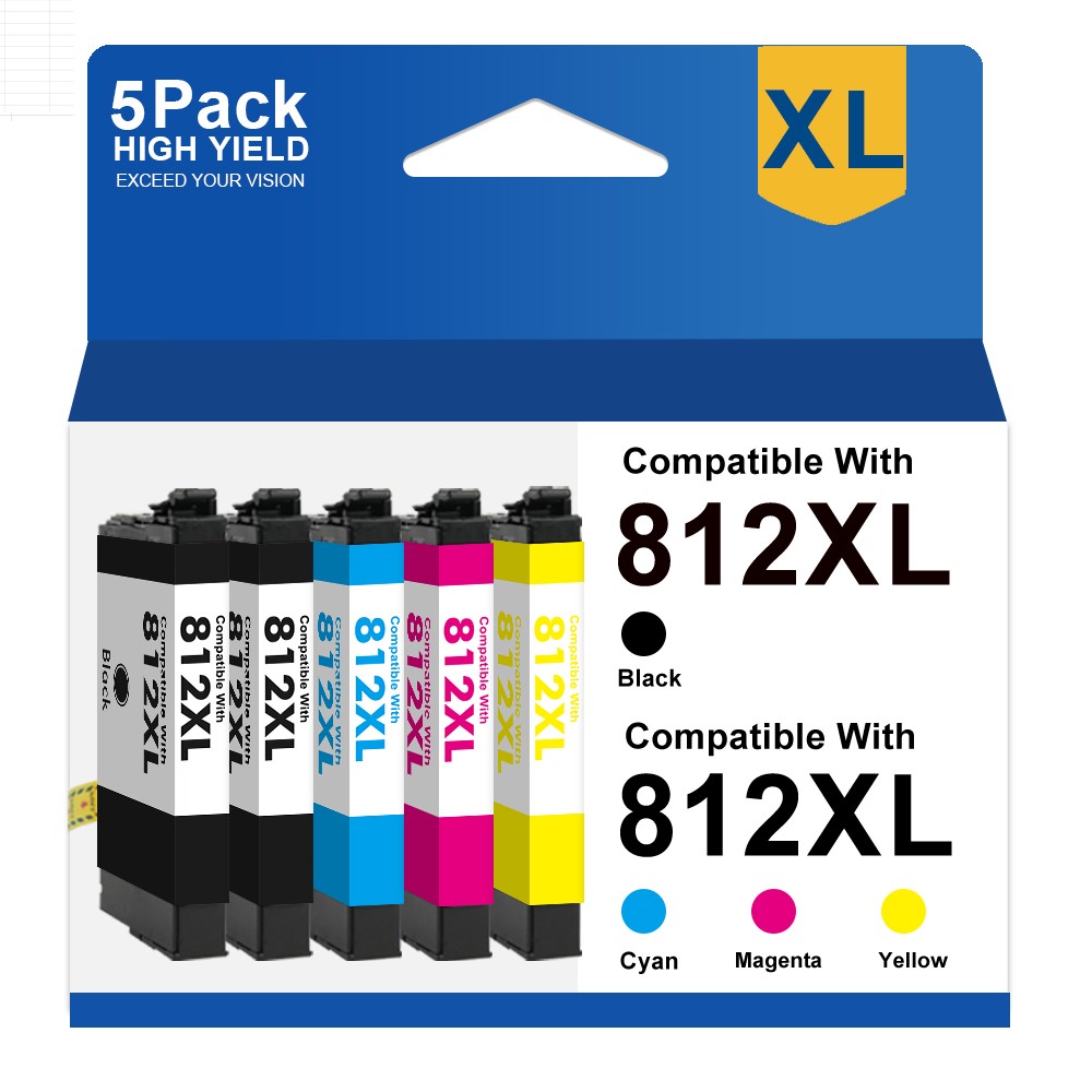 5-Pack 812XL T812XL Ink Cartridges For Epson WorkForce WF-7820 WF-7310 EC-C7000