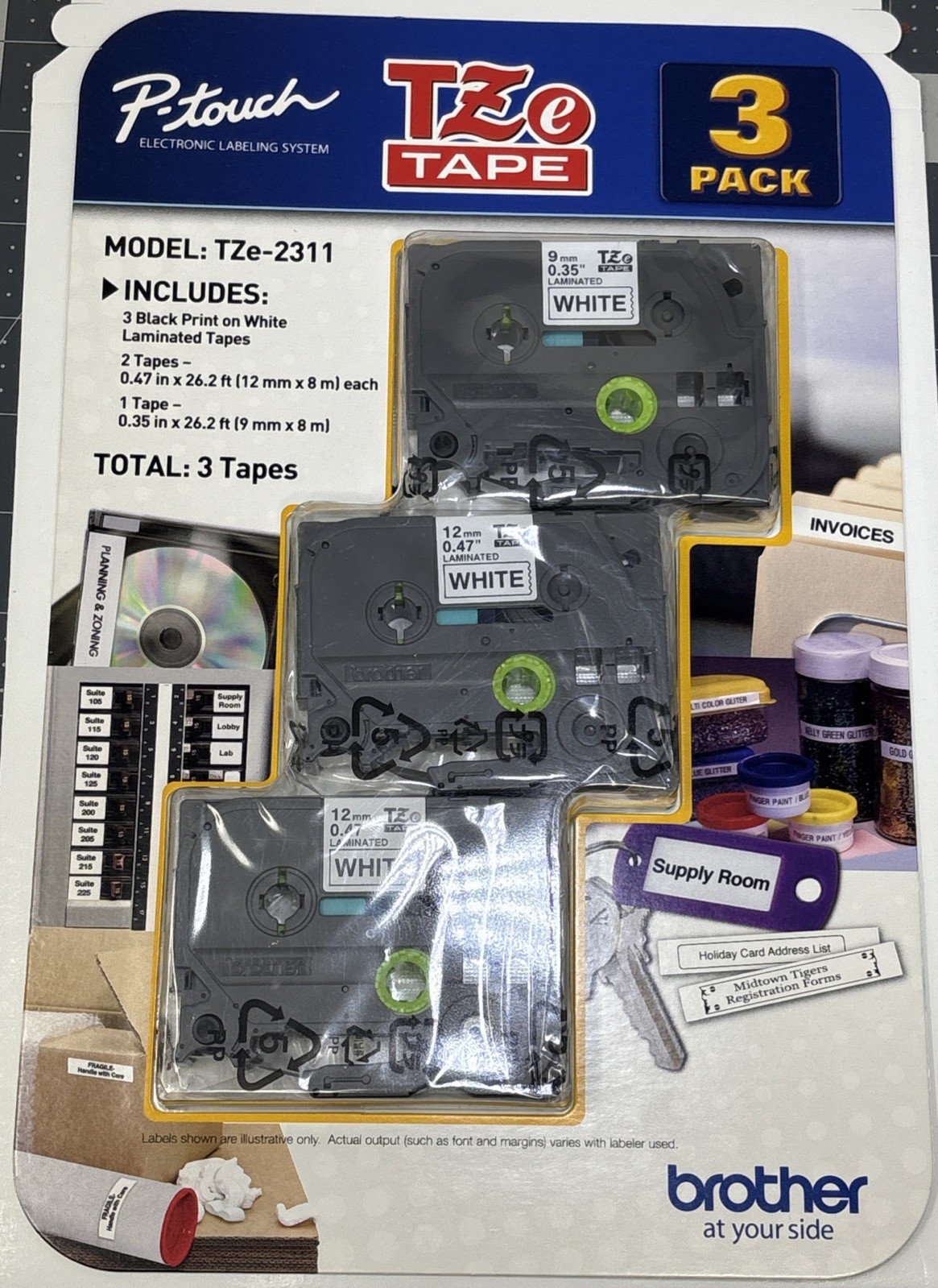 Brother TZE-2311 3 Pk Black On White Tape (2) TZE-231 & (1) TZE-221 Genuine OEM