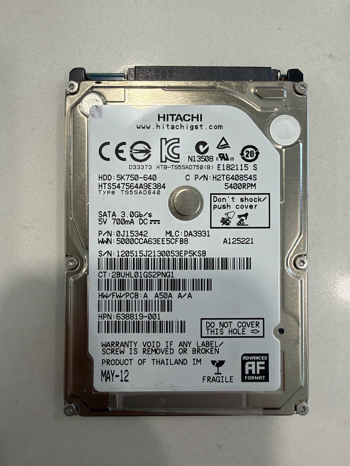 HTS547564A9E384 Hitachi 5K750 640 GB 2.5" SATA II Laptop Hard Drive HP 638819-00