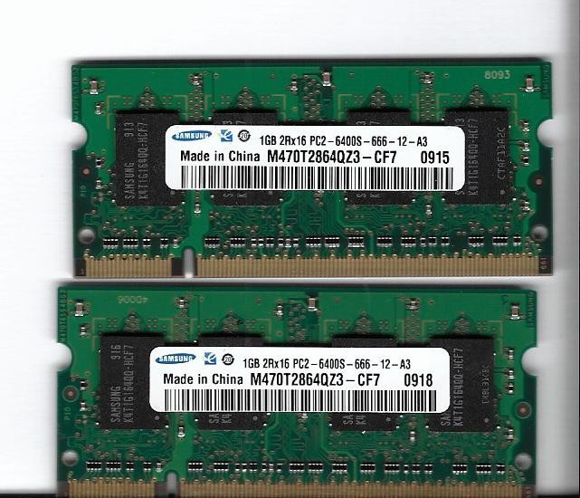 Lot of 2 Samsung M470T2864QZ3-CF7 1GB DDR2 RAM 200-Pin SO-DIMM 2Rx16 PC2-6400S