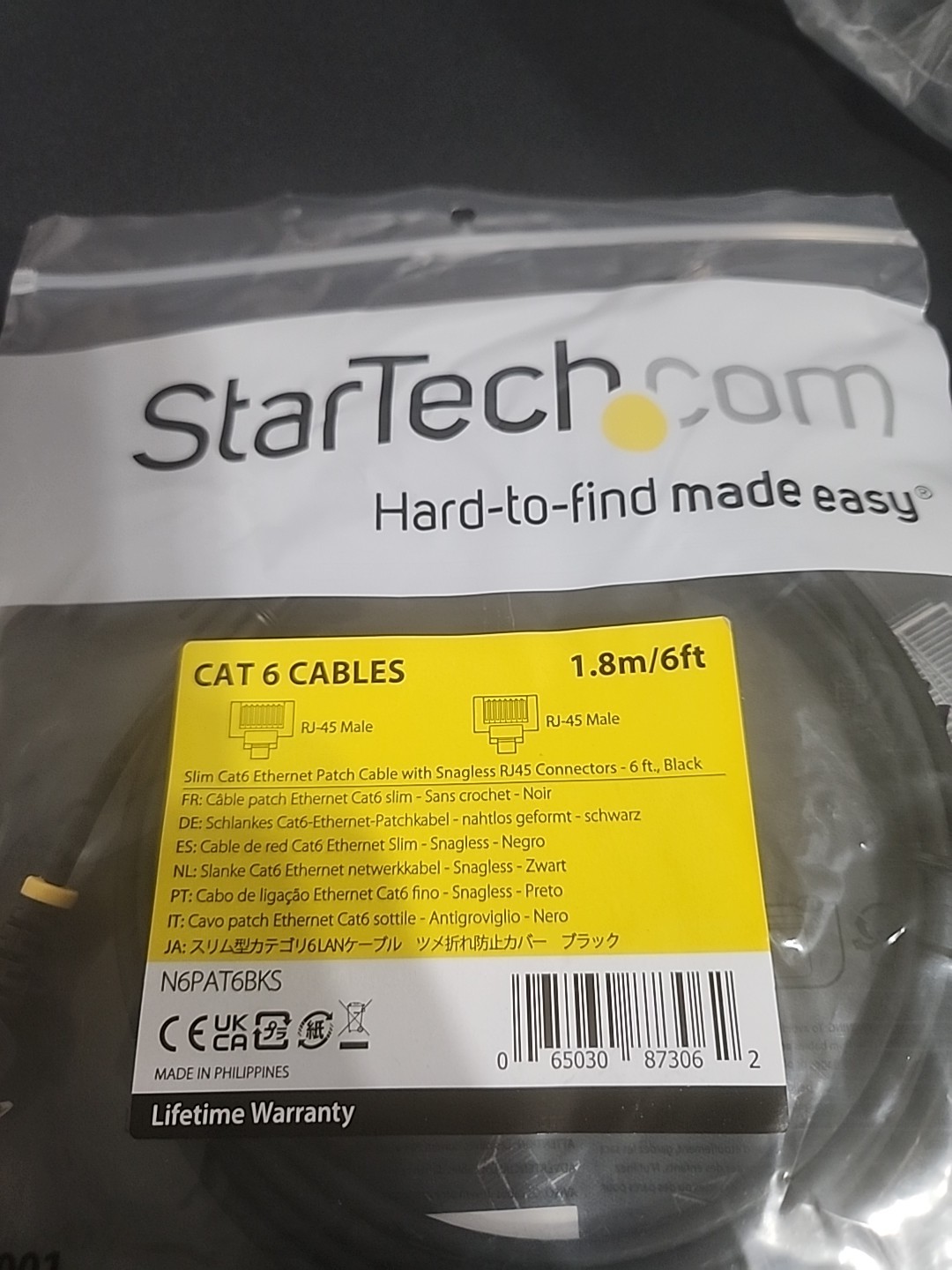 Startech N6Pat6Bks 6Ft Black Cat6 Ethernet Cable Slim Snagless Rj45 Utp