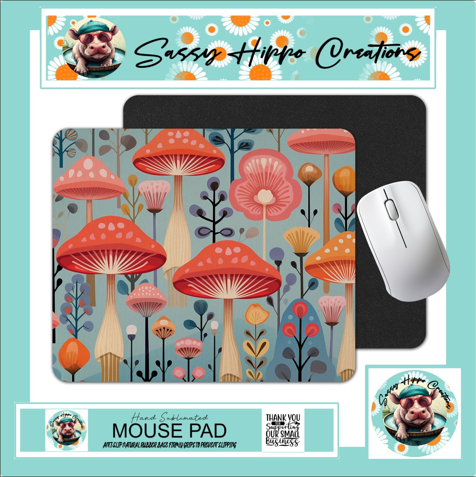 Mouse Pad Mushroom Vintage Retro Abstract Anti Slip Back Easy Clean Sublimated