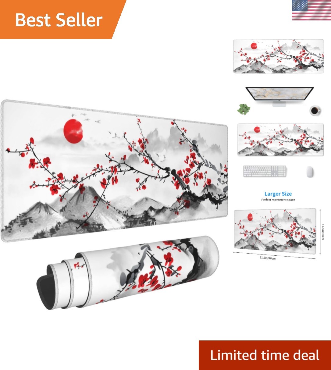 Watercolor Cherry Blossom Mouse Pad 31.5x11.8 Inch Full Desk Japanese Mousepa...