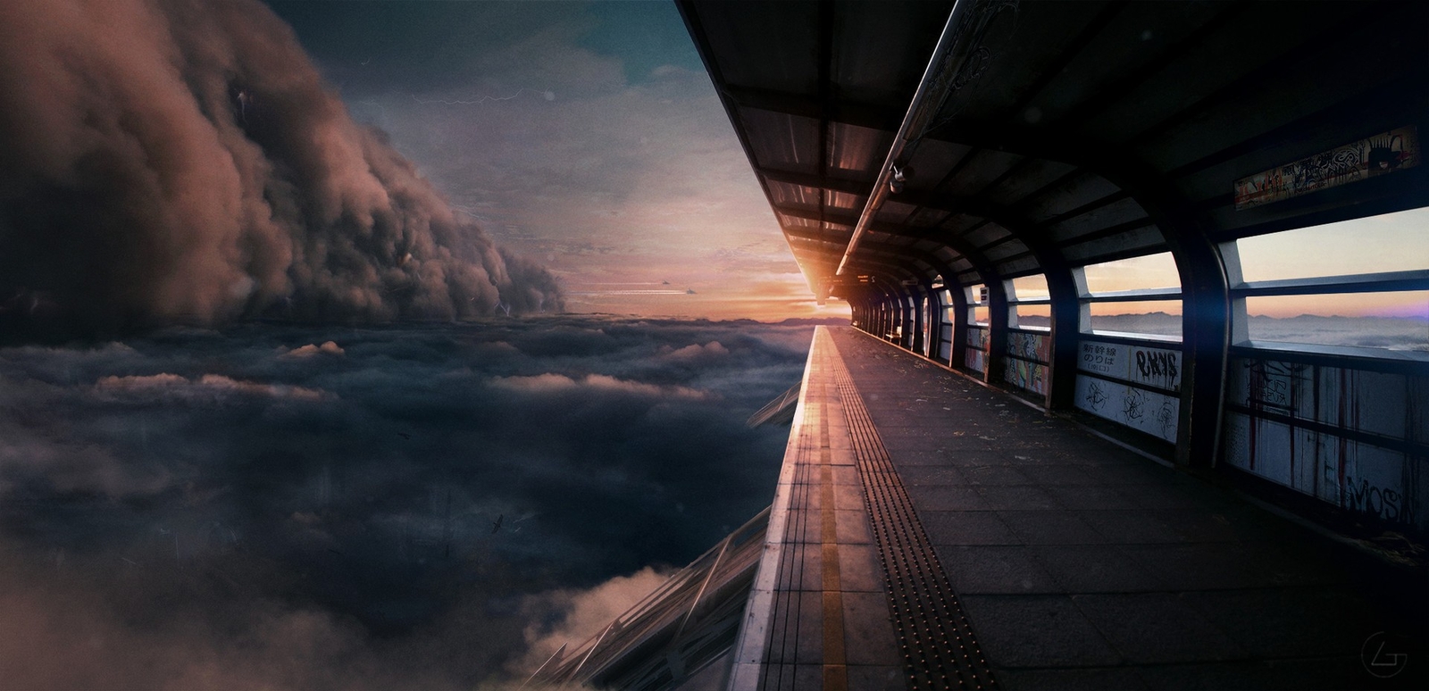 Landscape skyline futuristic clouds train station cliff Custom Gaming Mat Desk
