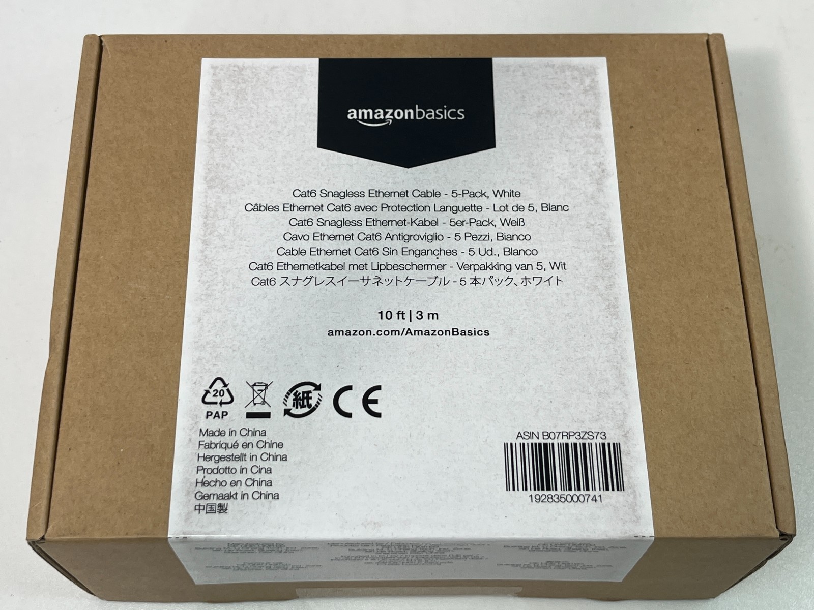 Amazon Basics Cat6 Ethernet Cable 5-Pack 10ft 3m Snagless White RJ45