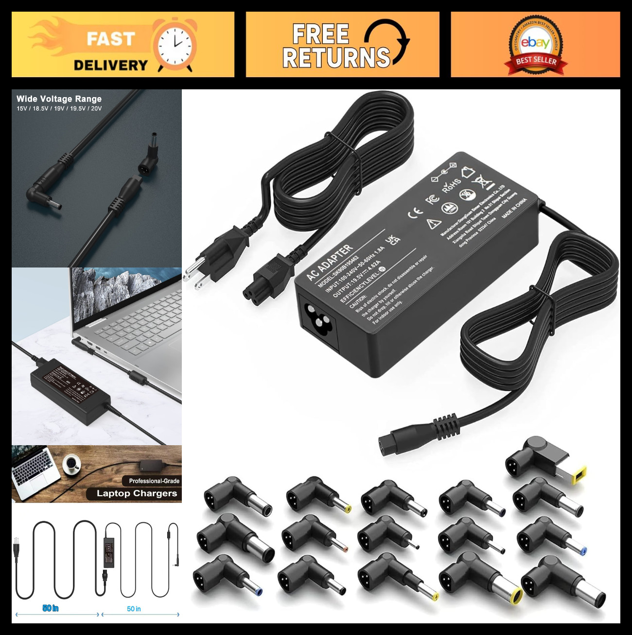 90W Universal Laptop Charger AC Adapter for Dell HP Acer - 16 Tips Included