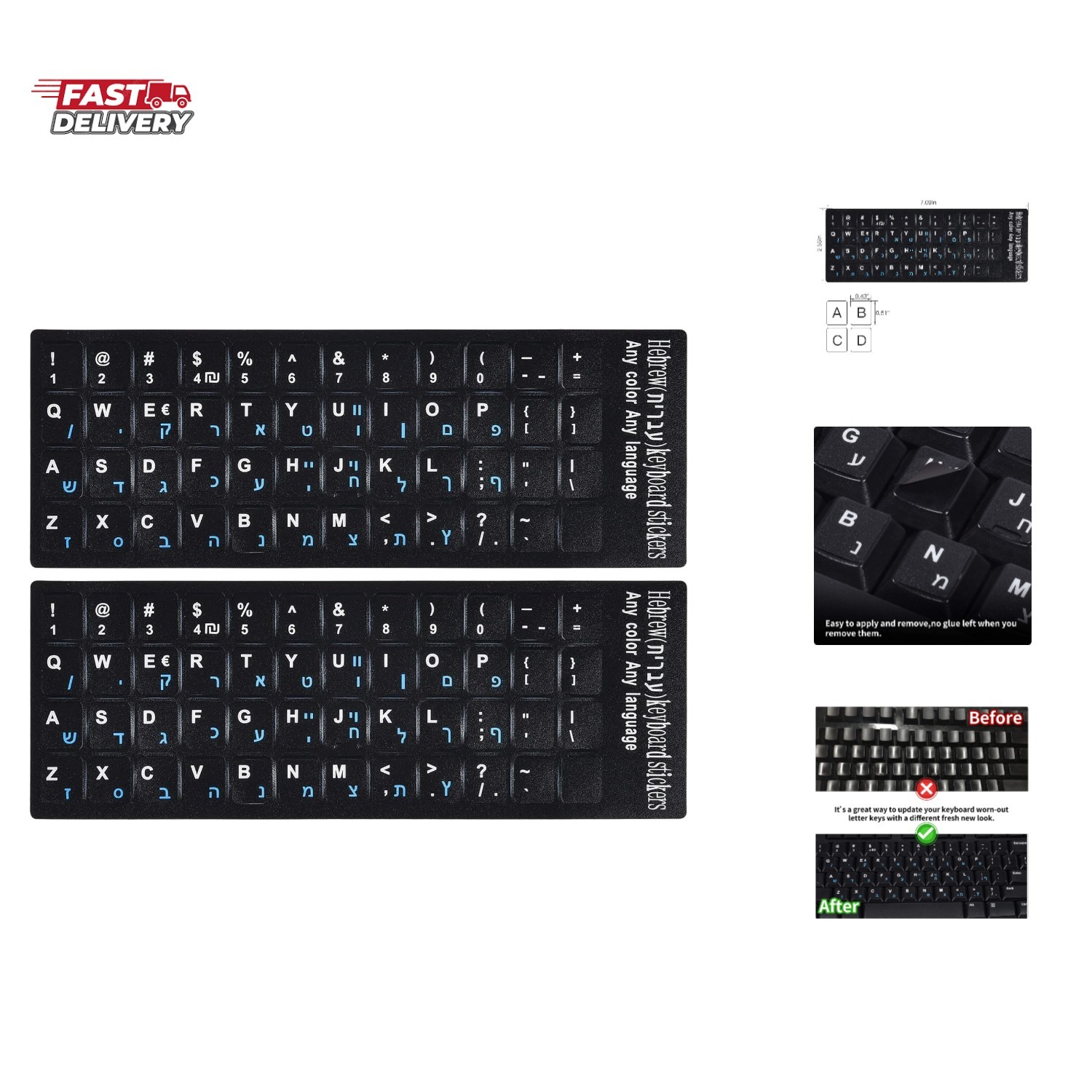 2PCS Hebrew English Keyboard Stickers Black Background with Blue Letters Repl...