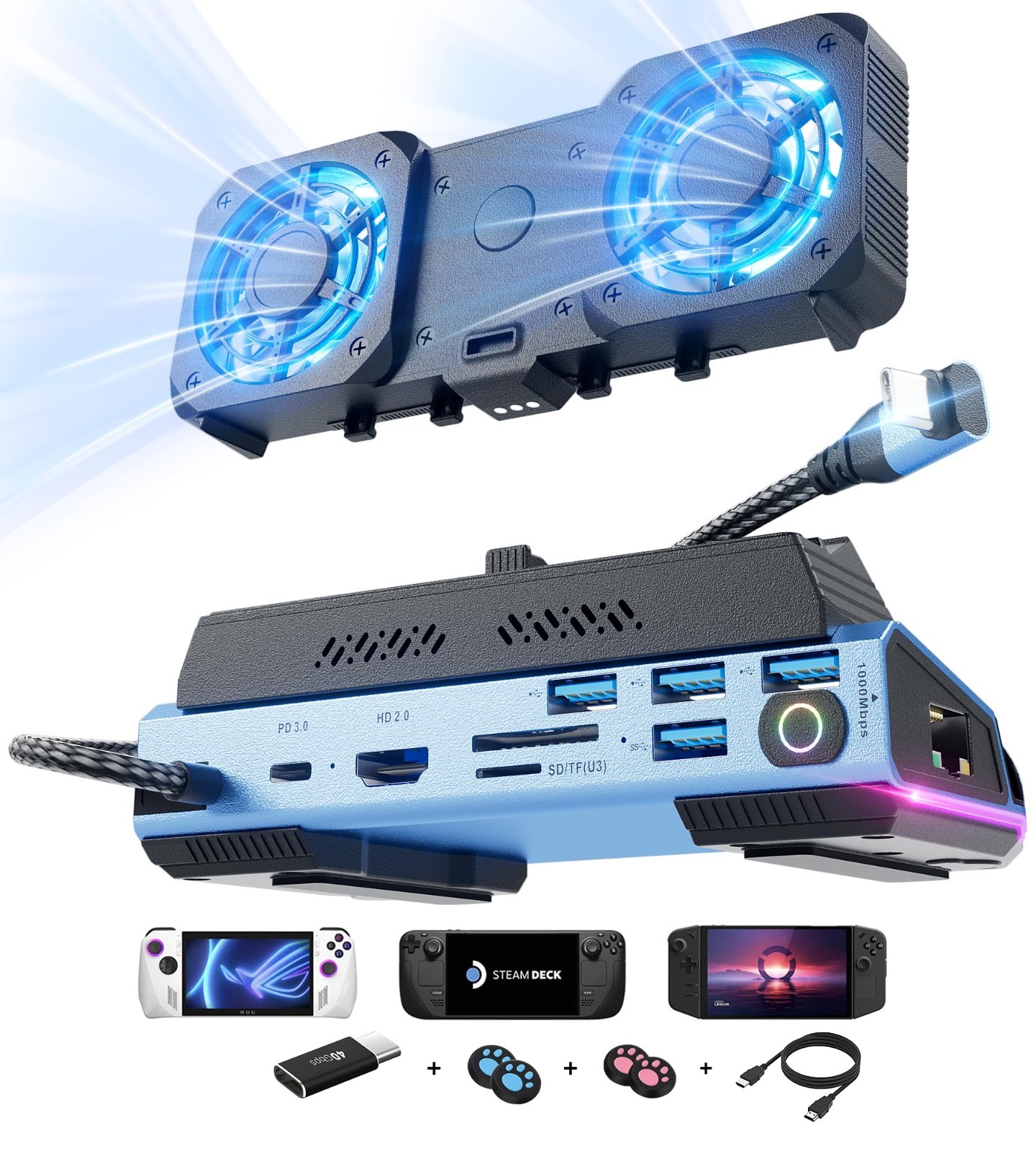 13-in-1 Steam Deck Docking Station w/Fan, 4K@60Hz, M.2 SSD, 4 USB-A Ports, SD/TF
