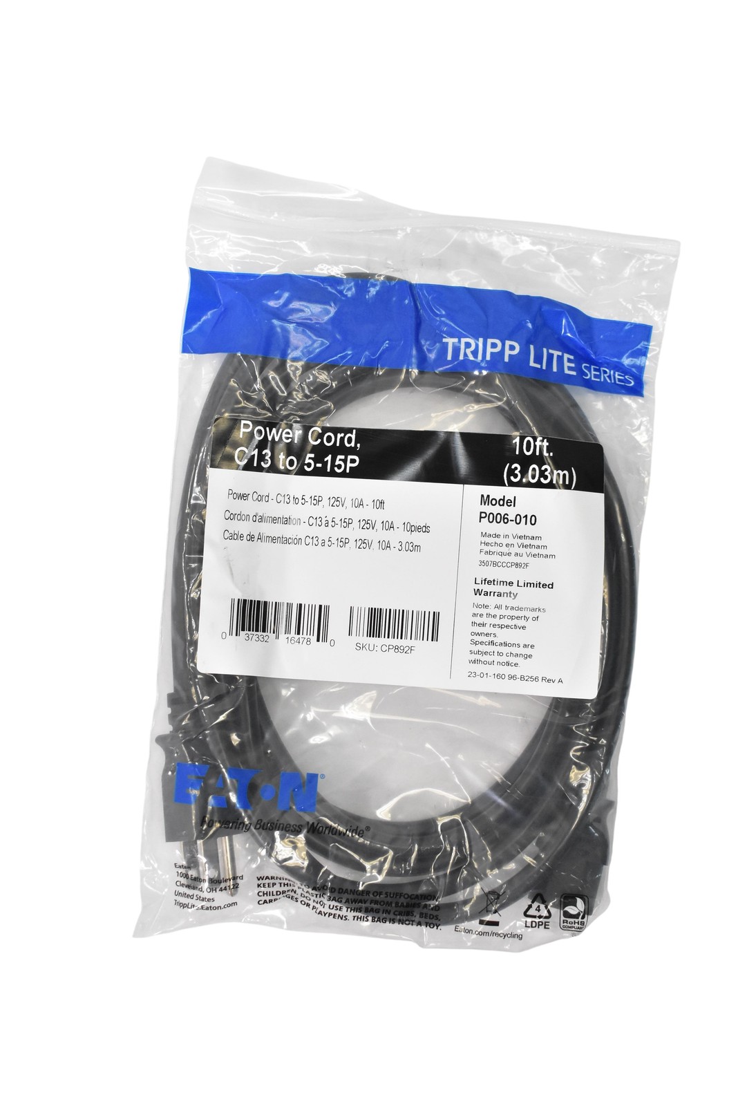 Eaton Tripp Lite P006-010 Power Cord C13 to 5-15P 10ft 125V 10A IEC Cable UPS