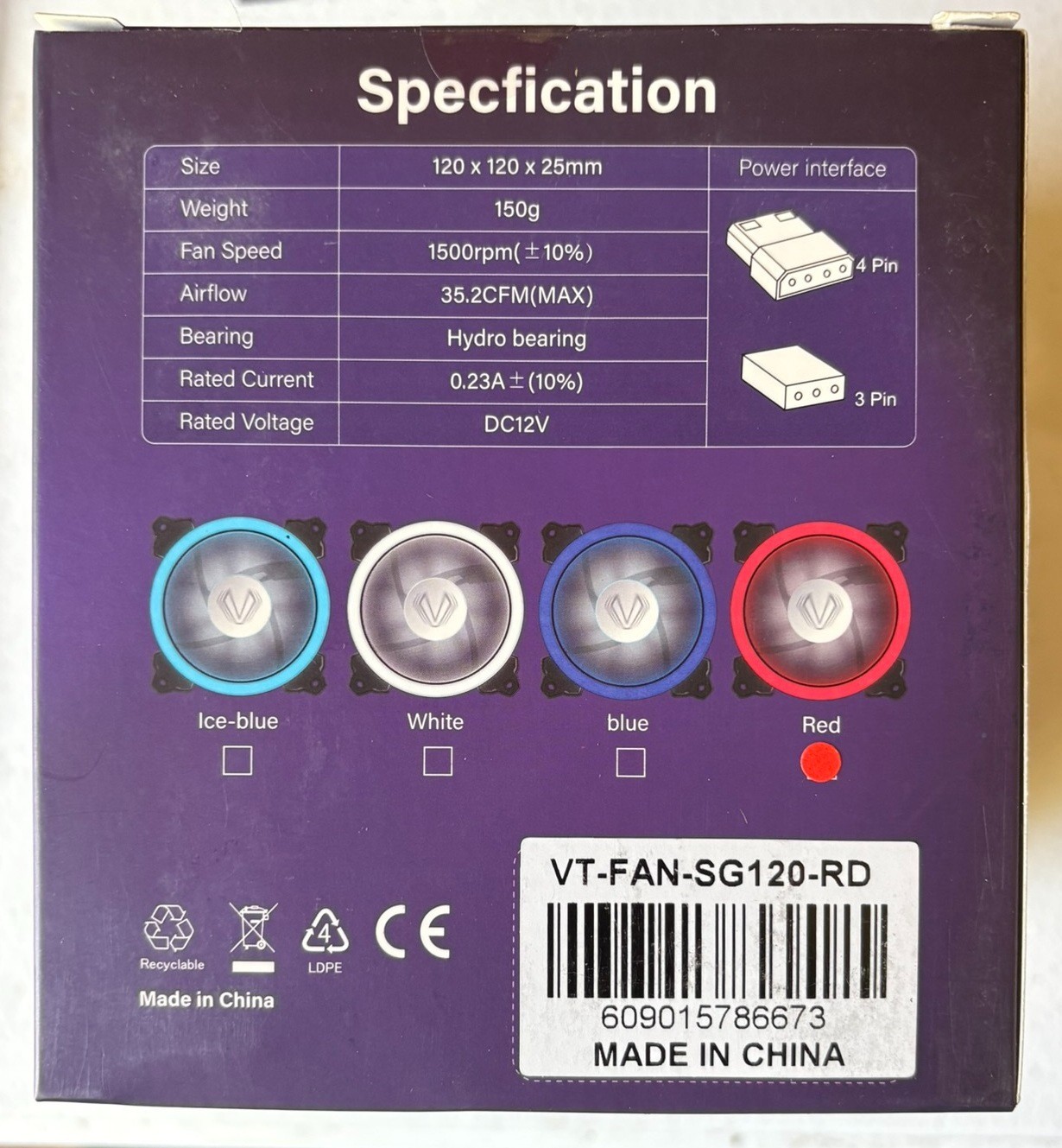 Vetroo SG-120 PC Case Fan Dual Ring RED LED 120mm Low Noise 7 Blades - 5 PACK