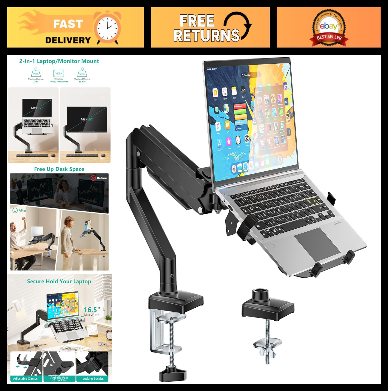 Adjustable Laptop & Monitor Desk Mount, 2-in-1 Gas Spring Arm, VESA 75x75/100x10