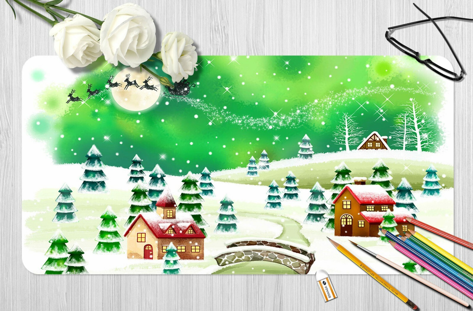 3D Blue-Green Pine O45 Christmas Non-slip Office Desk Keyboard Pad An