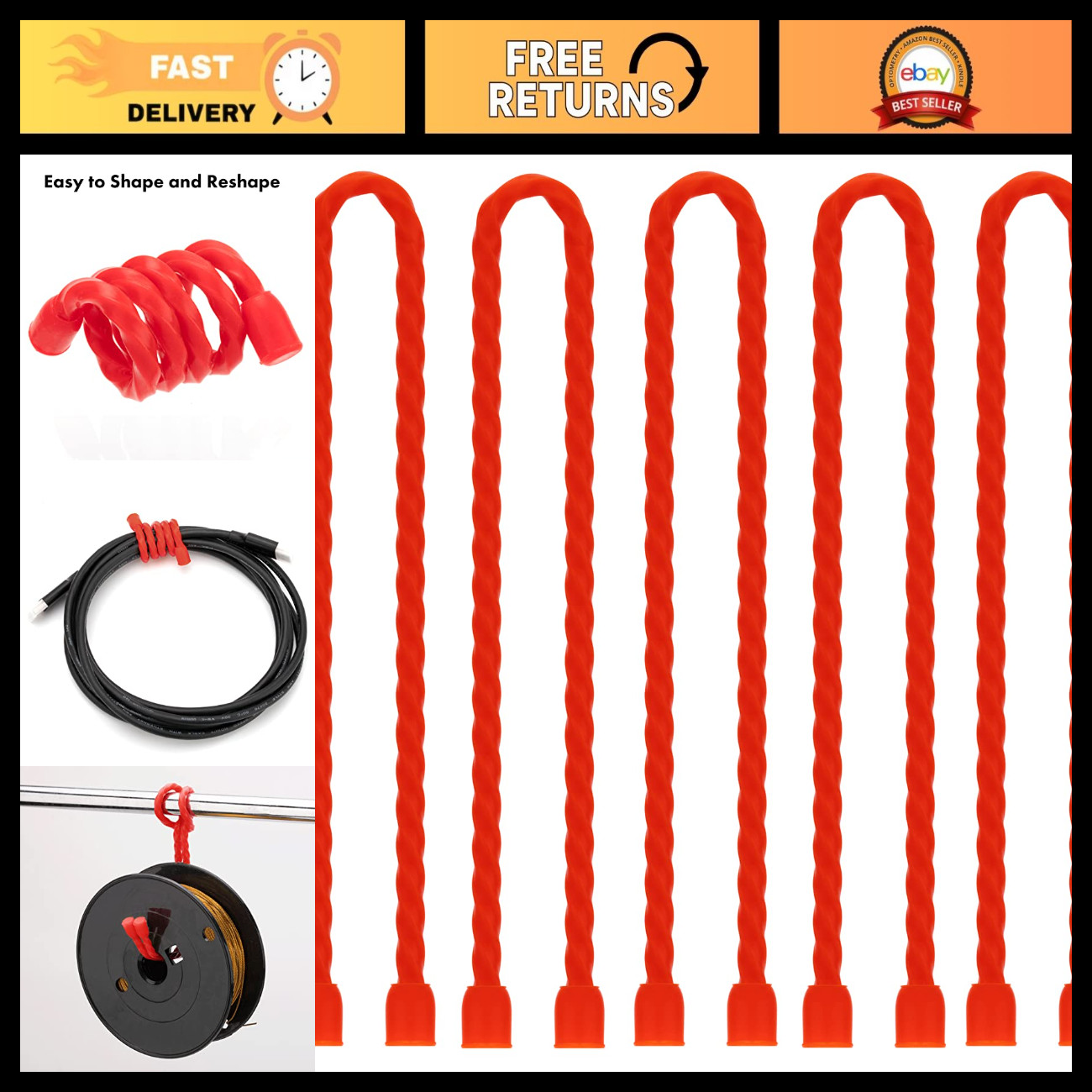 5 PCS 24" Silicone Cable Ties - Reusable Twist Ties for Bundling & Holding - Red