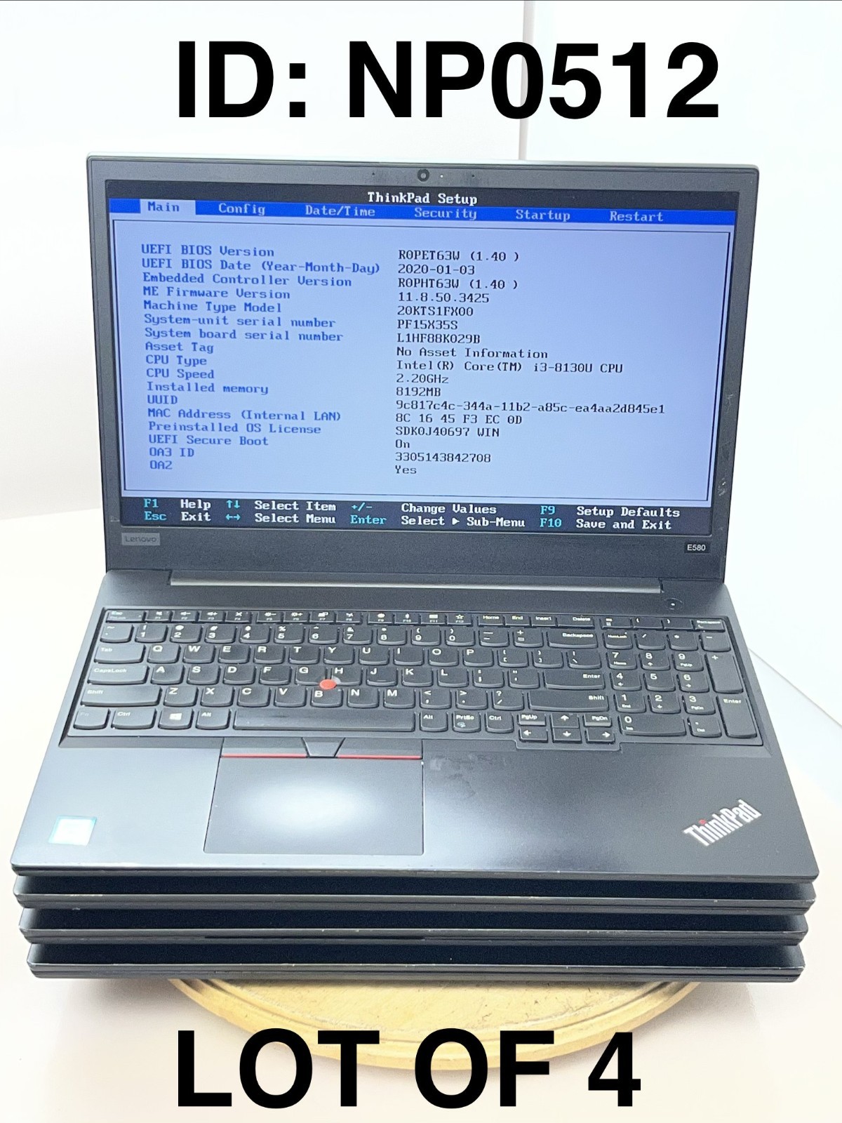 Lot(4) Lenovo Thinkpad 15.6" i3-8130U@2.20GHz 8GB NO SSD/ NO OS BIOS TESTED*Read