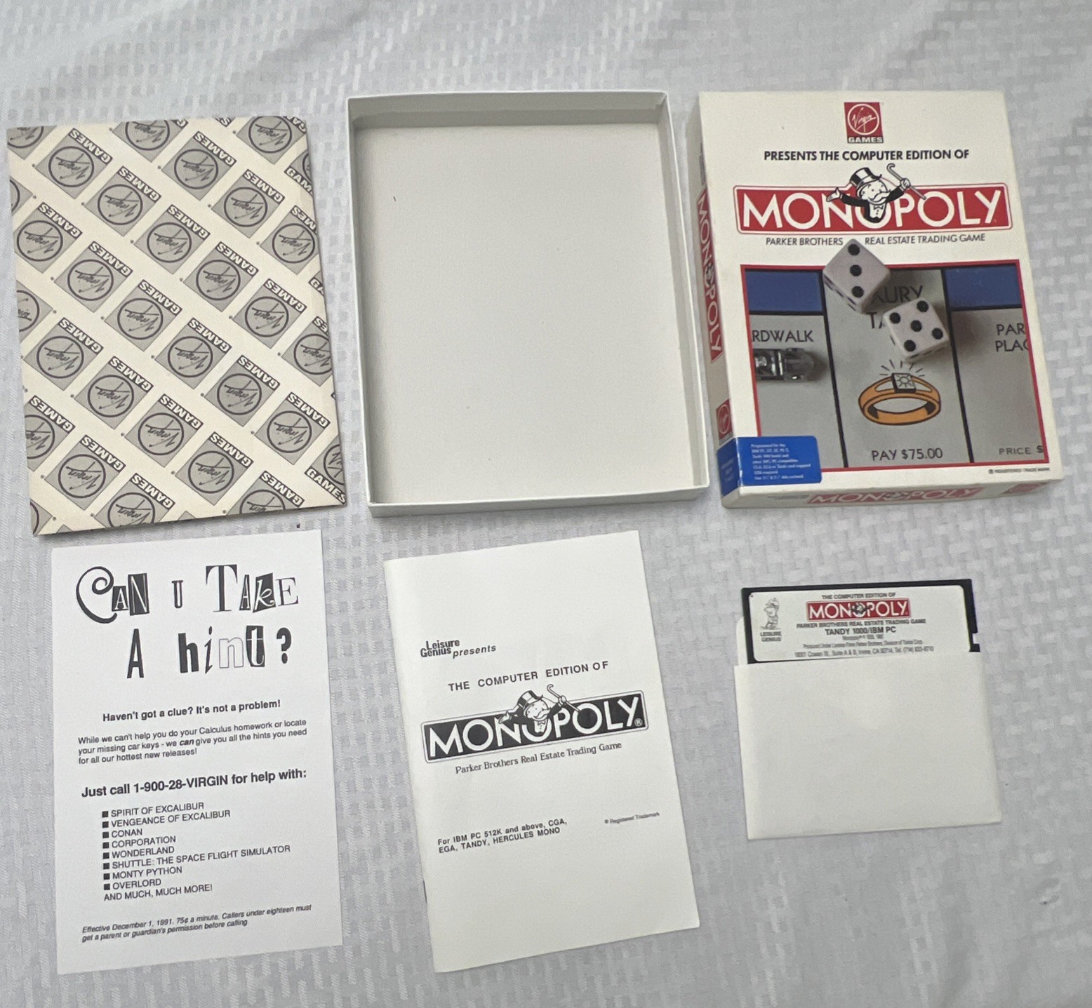 Vintage 1985 Monopoly IBM PC Tandy 1000 5.25 Floppy Virgin Games DOS CIB