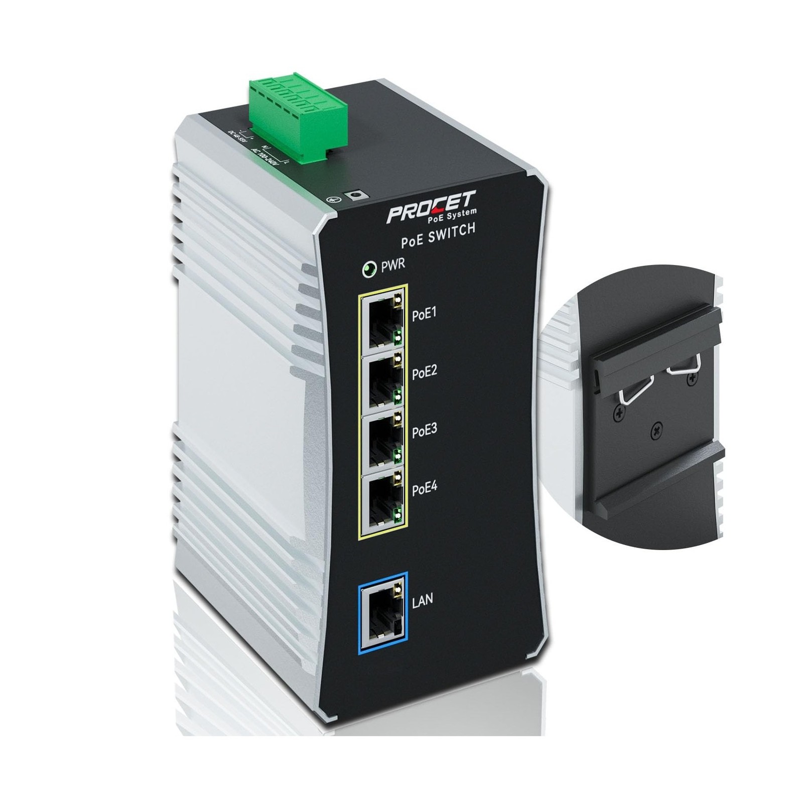 PROCET Gigabit PoE Switch 4-Port Din Rail, 90W/Port, Industrial POE++ Etherne...