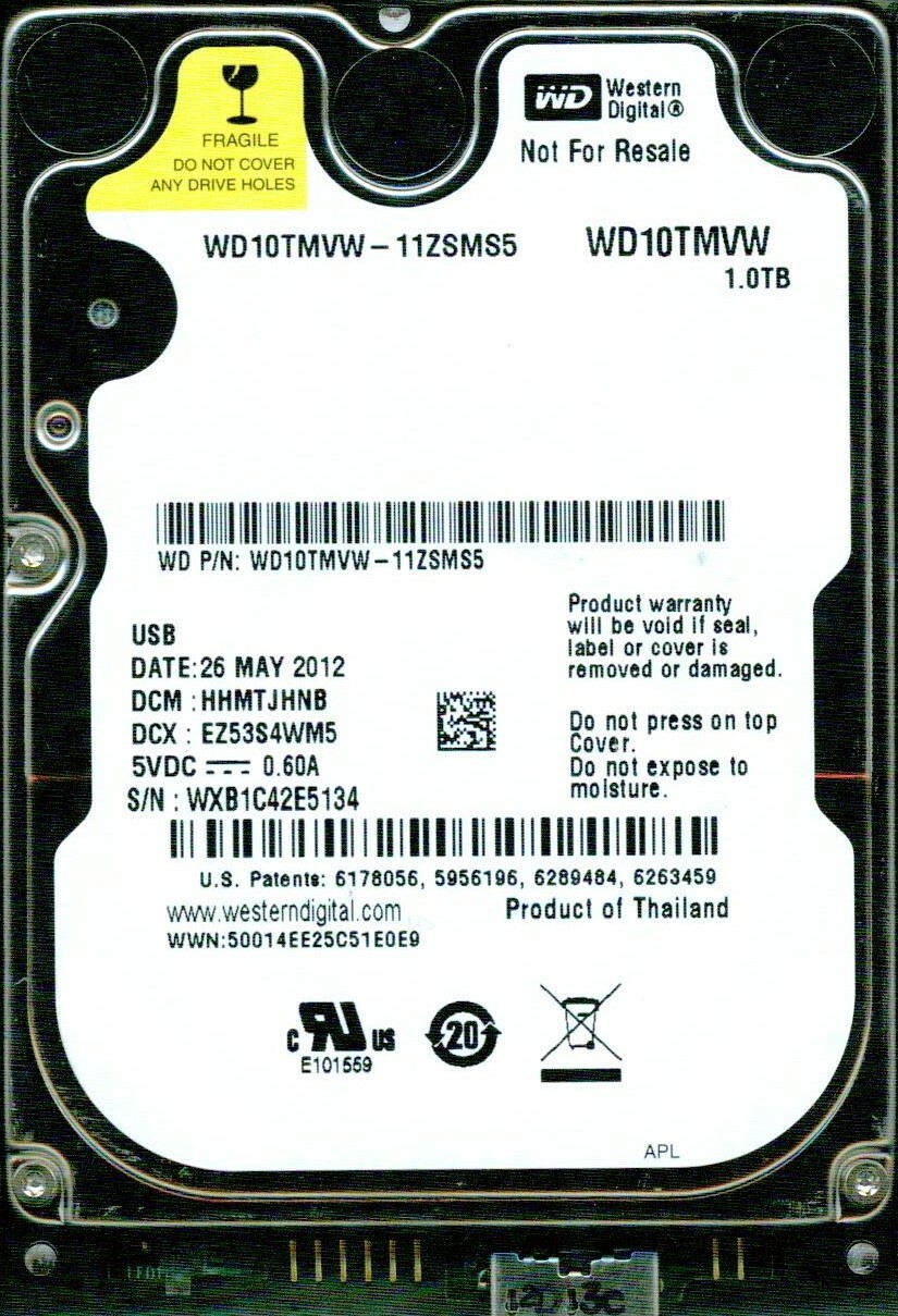 WD10TMVW-11ZSMS5,  HHMTJHNB  WESTERN DIGITAL USB3 1TB  WXB1  MAY 2012